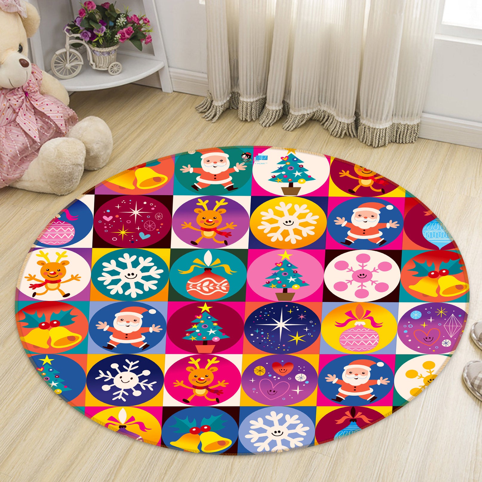 3D Colorful Circle Snowflake Tree Pattern 54026 Christmas Round Non Slip Rug Mat Xmas