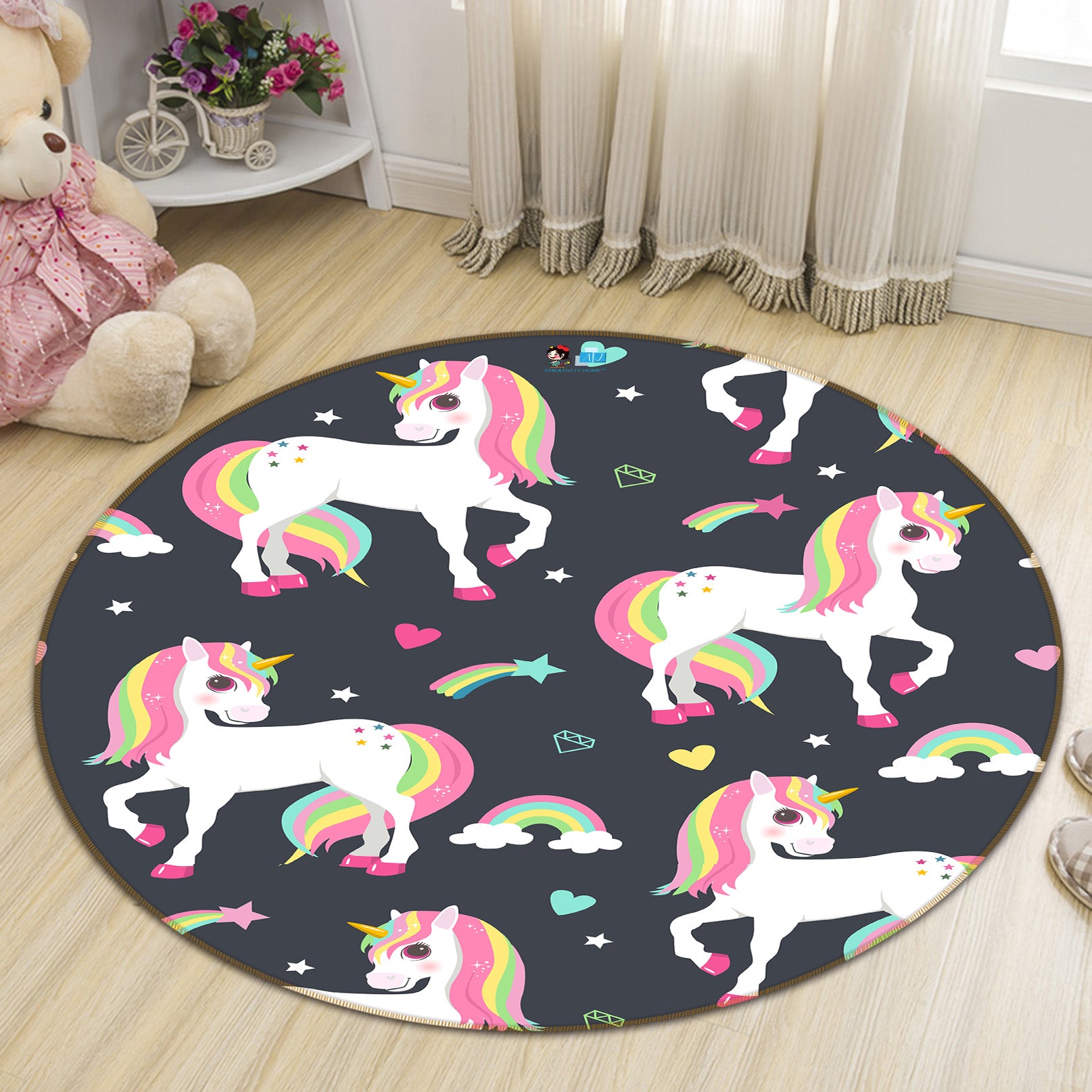3D Color Unicorn Pattern 81111 Round Non Slip Rug Mat