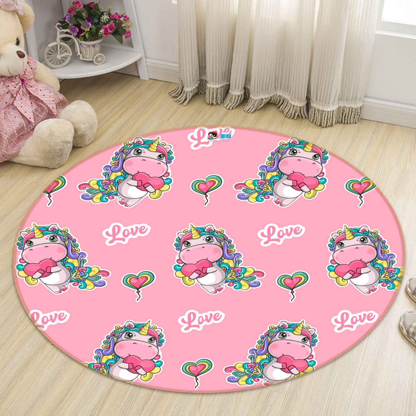 3D Pink Cartoon Unicorn 81075 Round Non Slip Rug Mat