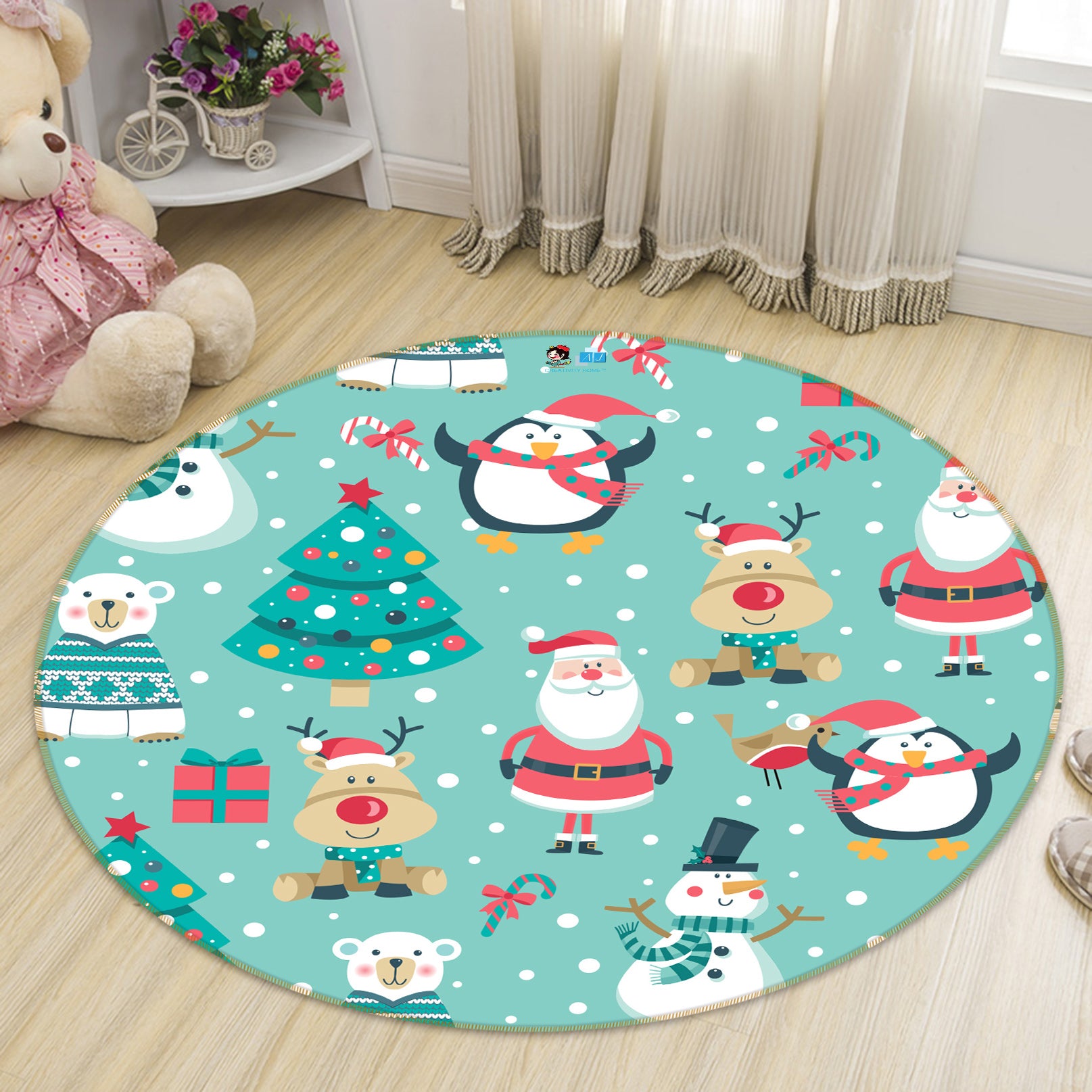 3D Santa Deer Tree 54069 Christmas Round Non Slip Rug Mat Xmas