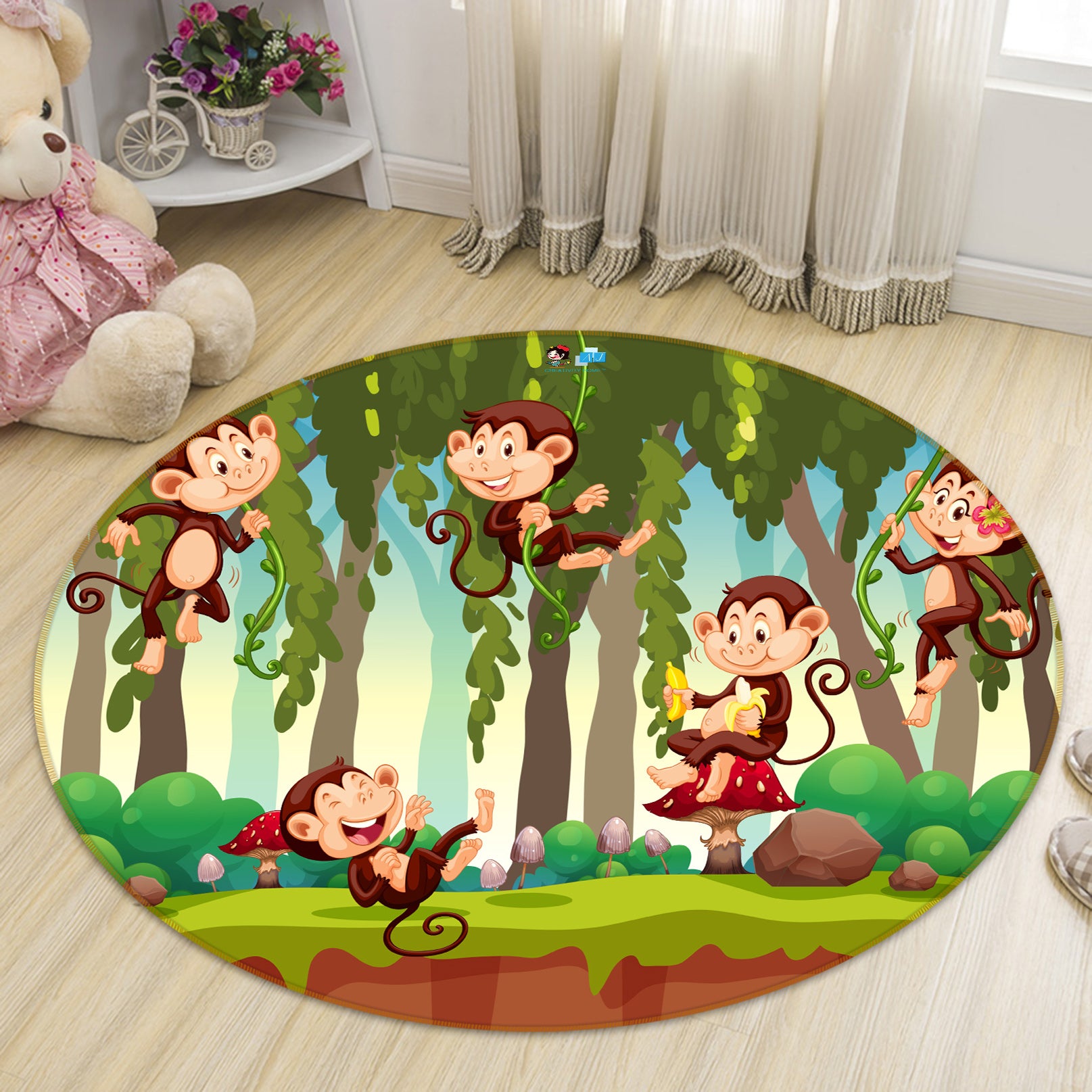 3D Forest Monkey 81236 Round Non Slip Rug Mat