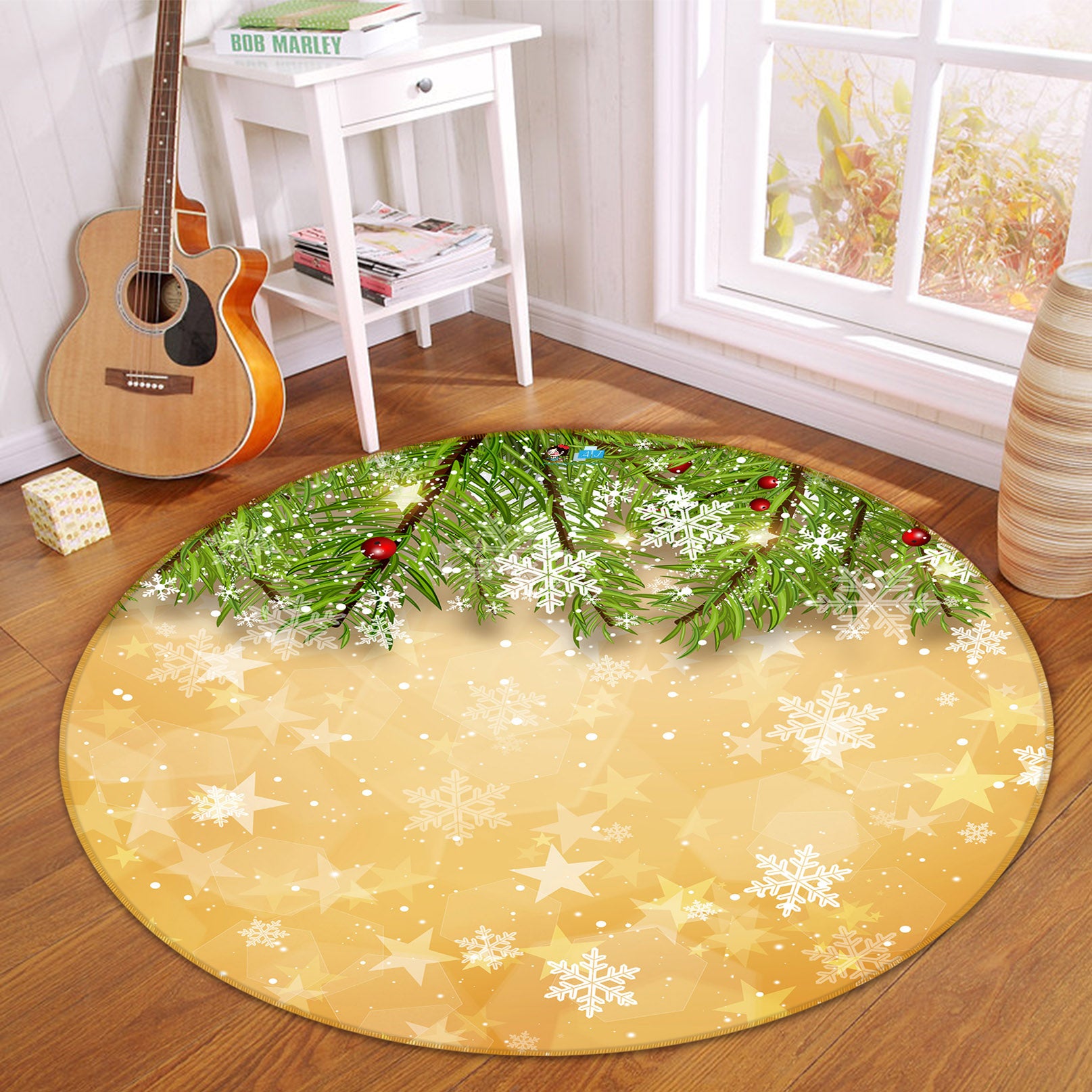 3D Branch Snowflake 54112 Christmas Round Non Slip Rug Mat Xmas