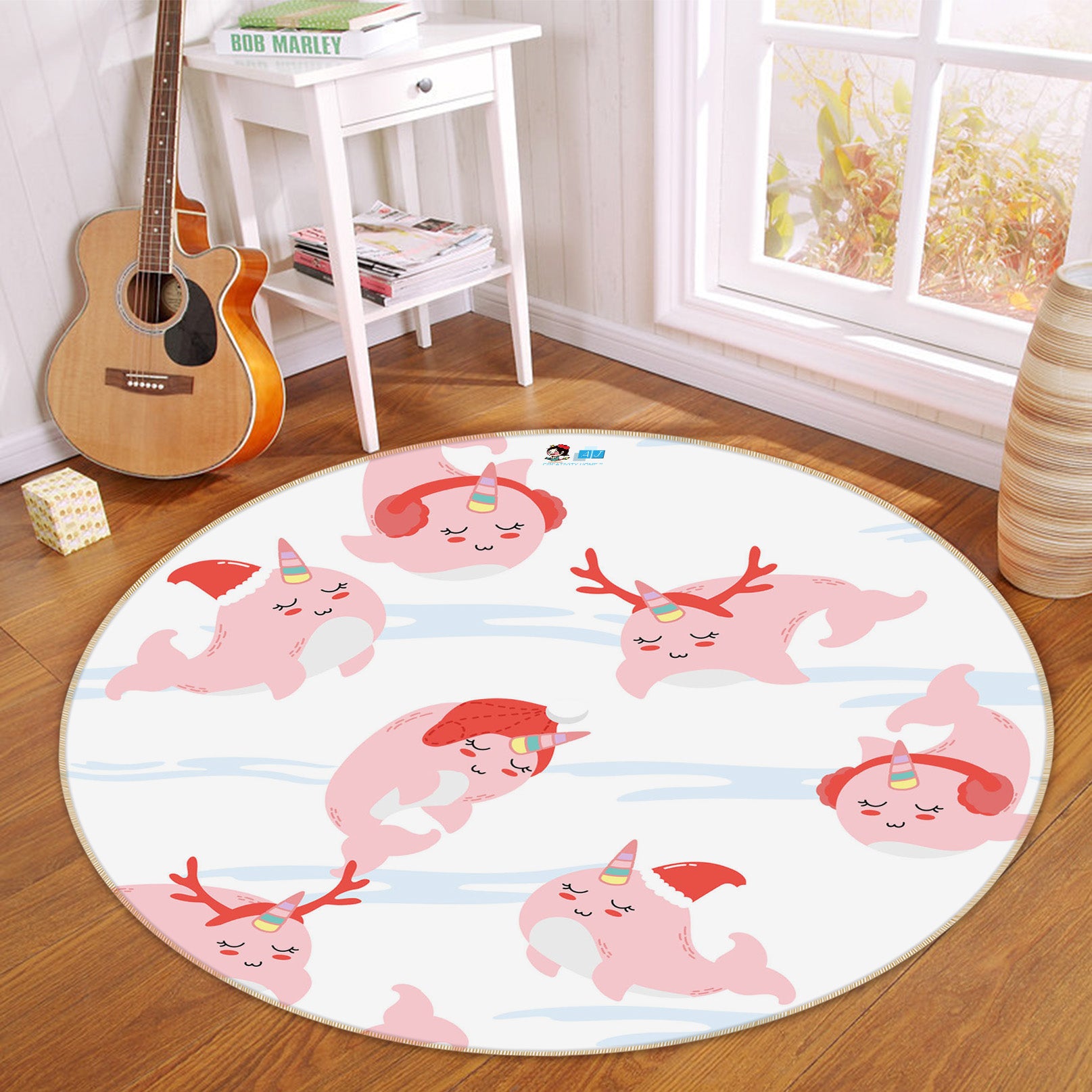 3D Pink Whale 75046 Round Non Slip Rug Mat