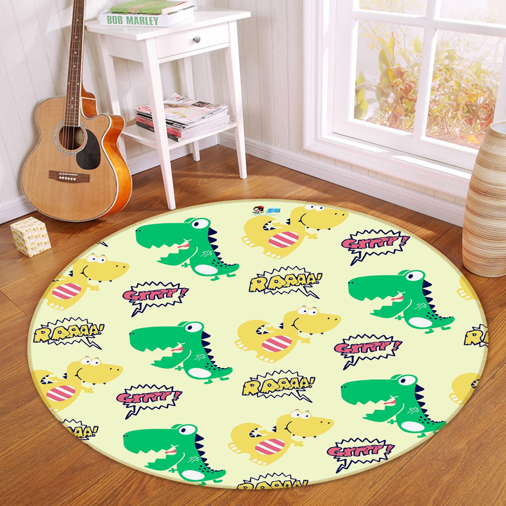 3D Yellow Green Dinosaur 75059 Round Non Slip Rug Mat