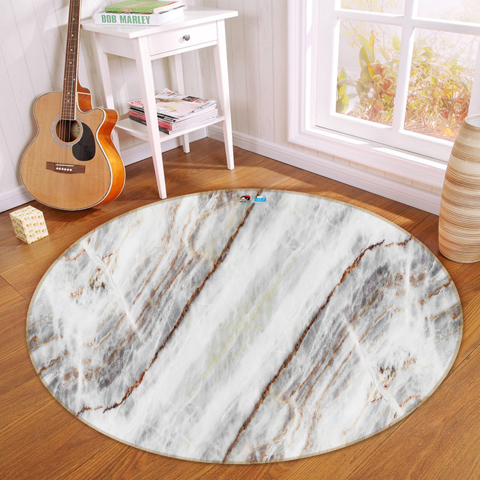3D White Marbling 69225 Round Non Slip Rug Mat