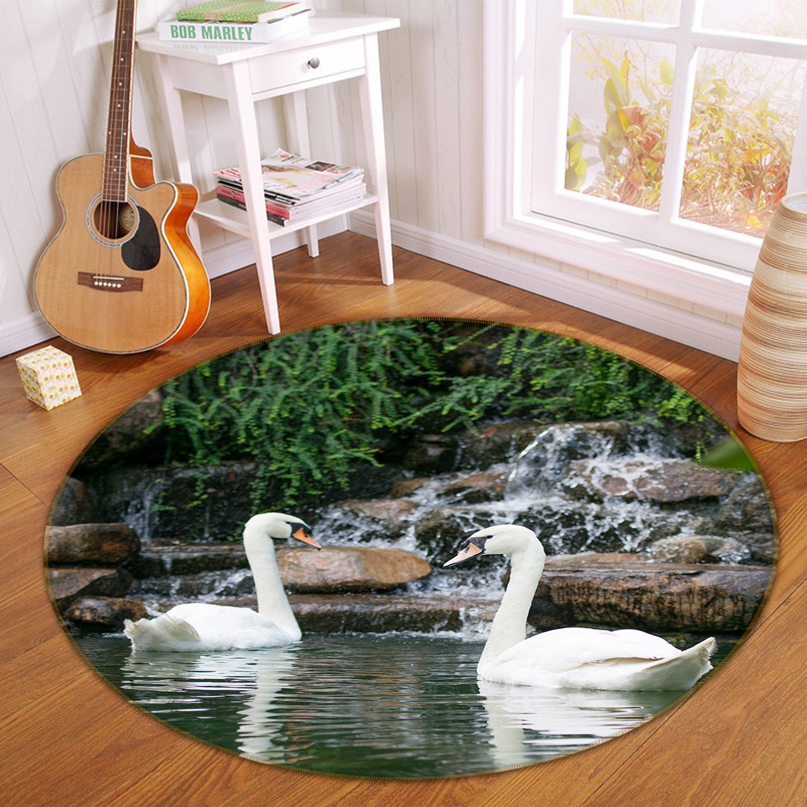 3D Swan Lake Stone 82280 Animal Round Non Slip Rug Mat