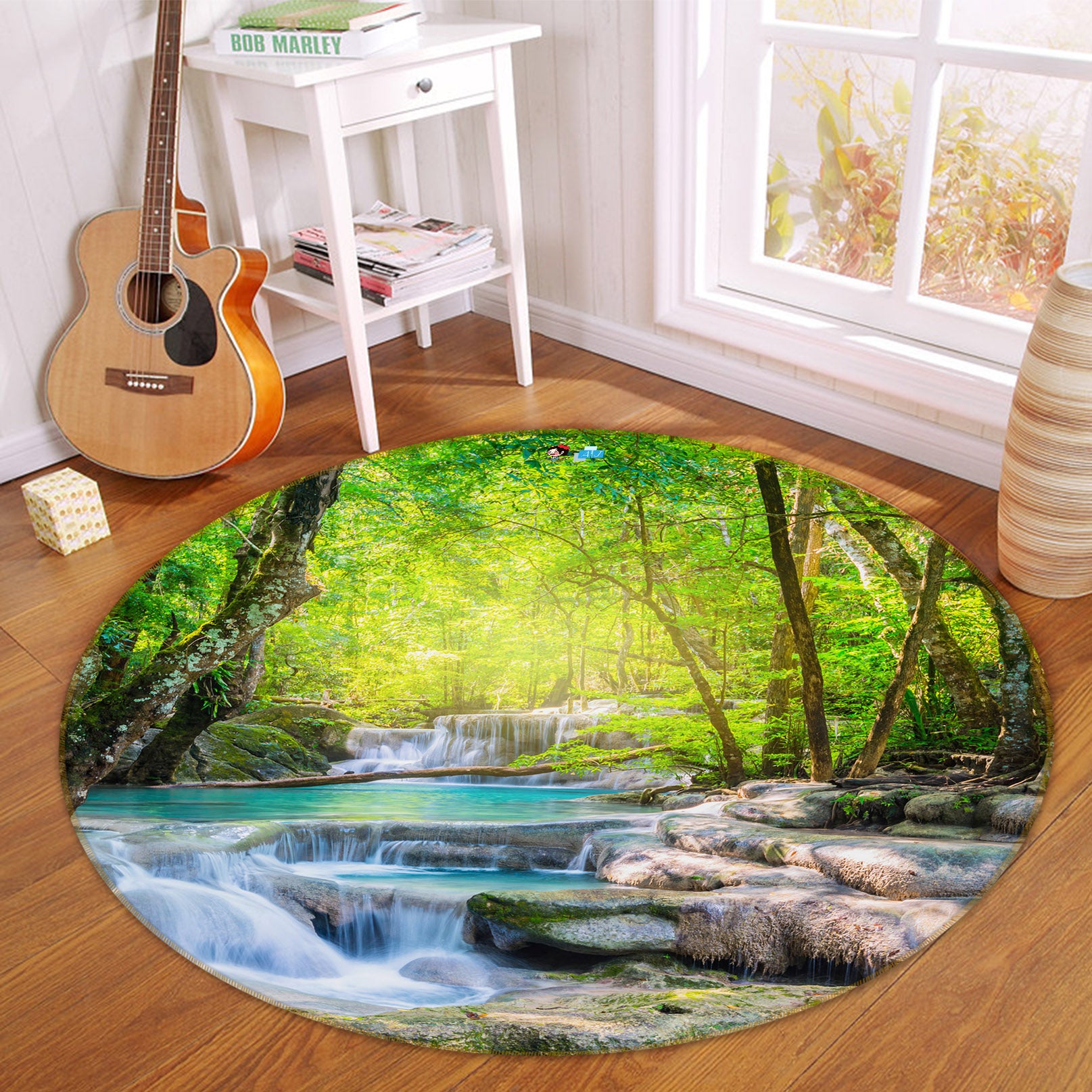 3D Forest Running Water 69103 Round Non Slip Rug Mat