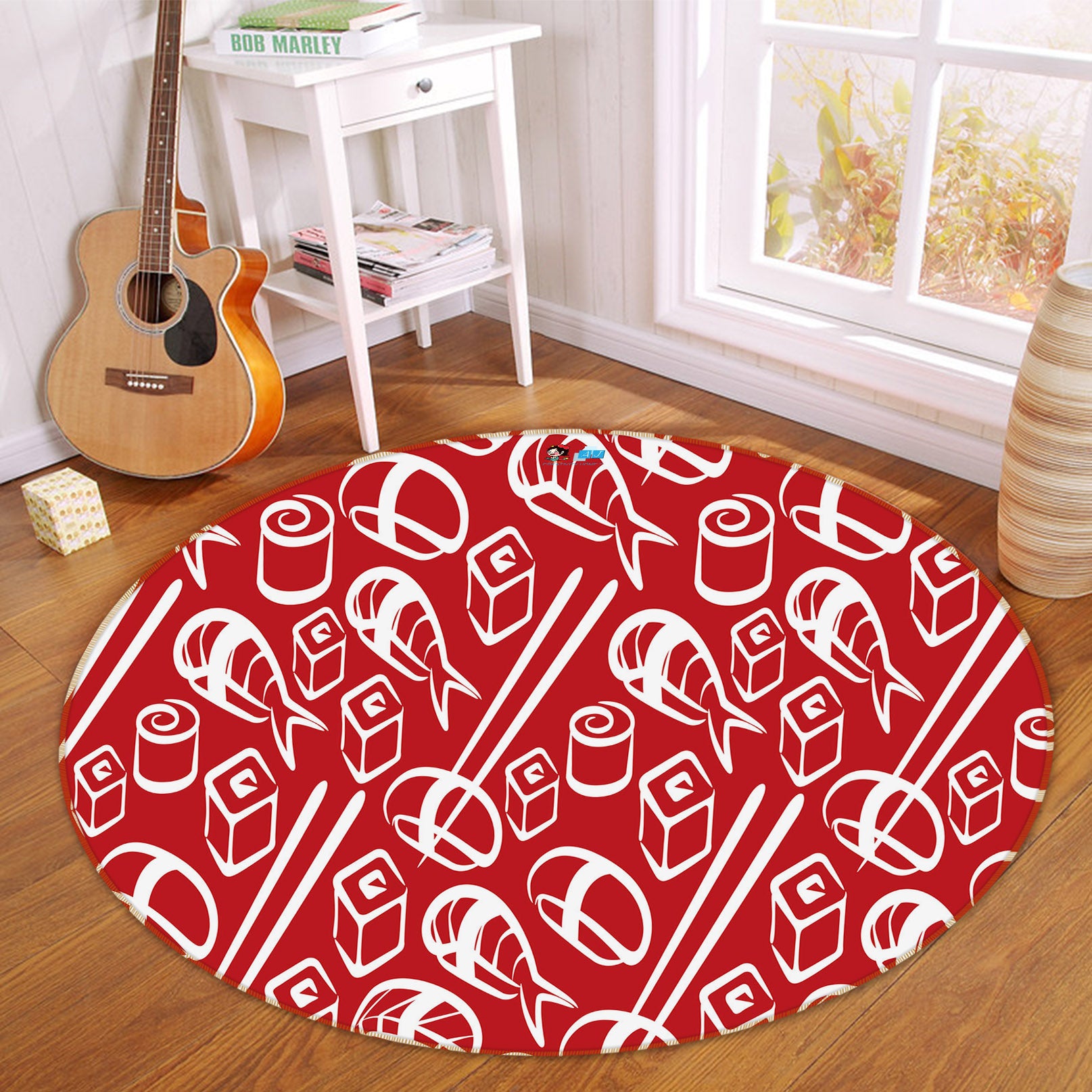 3D Red Chopsticks Sushi 74036 Round Non Slip Rug Mat