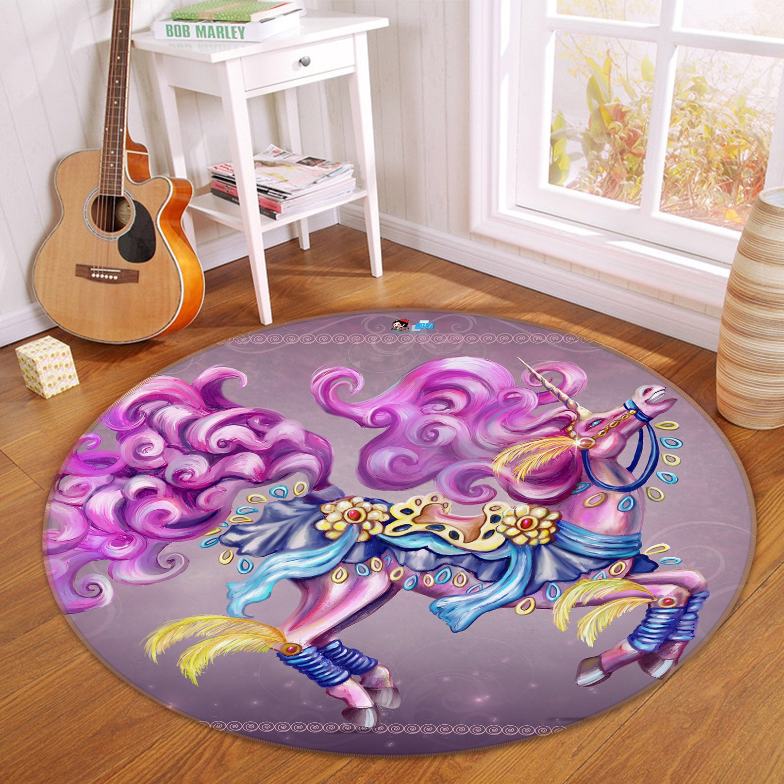 3D Unicorn Pattern 83164 Rose Catherine Khan Rug Round Non Slip Rug Mat
