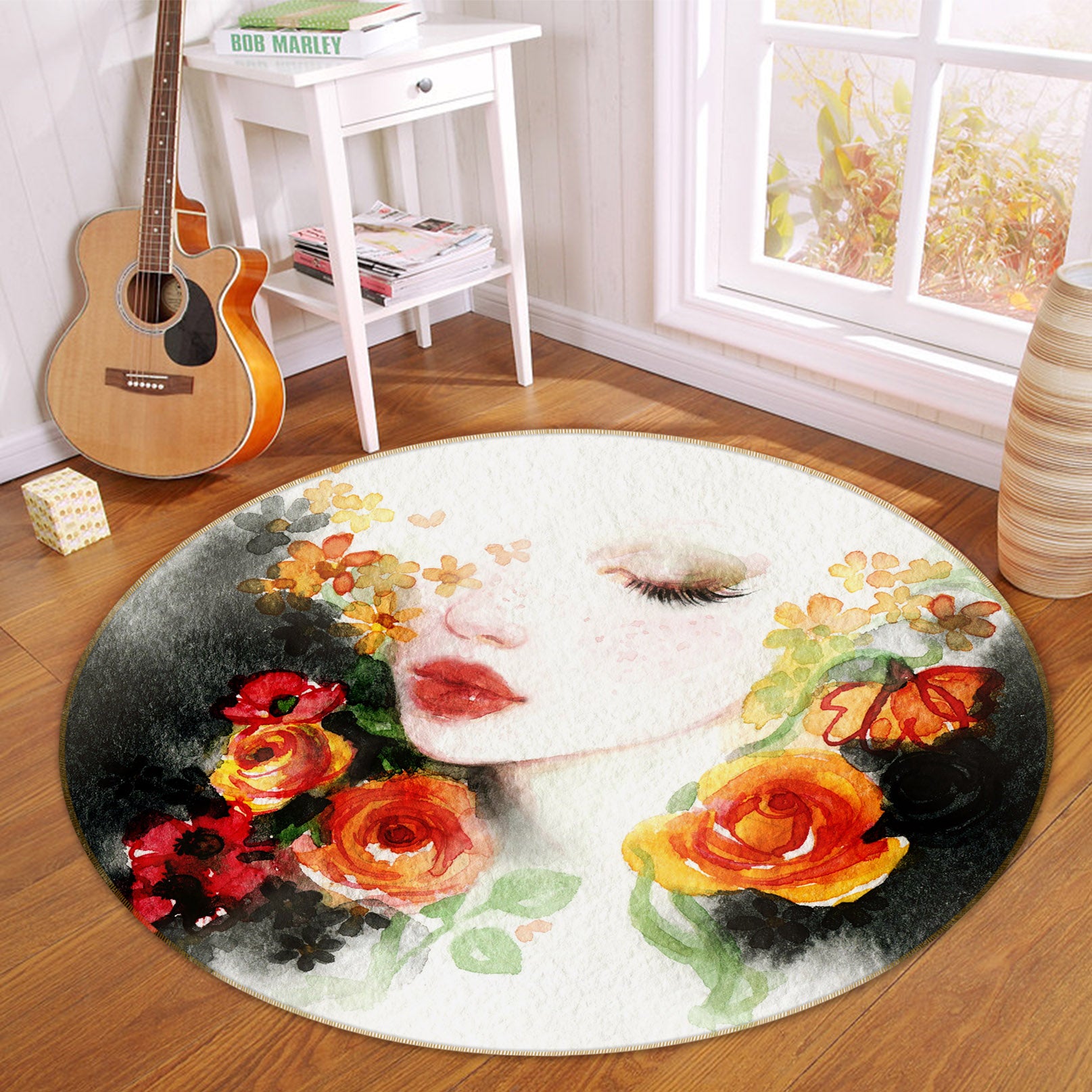3D Beautiful Girl Flowers 37033 Round Non Slip Rug Mat