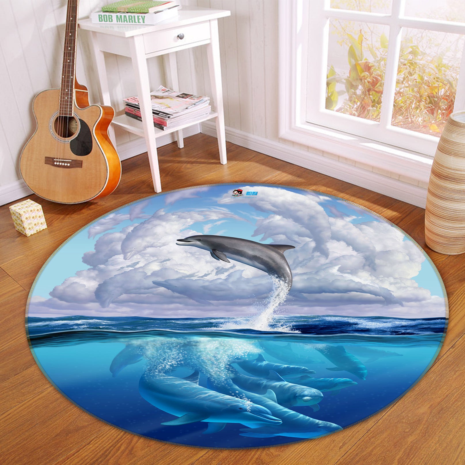3D Dolphin Sea Clouds 83126 Jerry LoFaro Rug Round Non Slip Rug Mat
