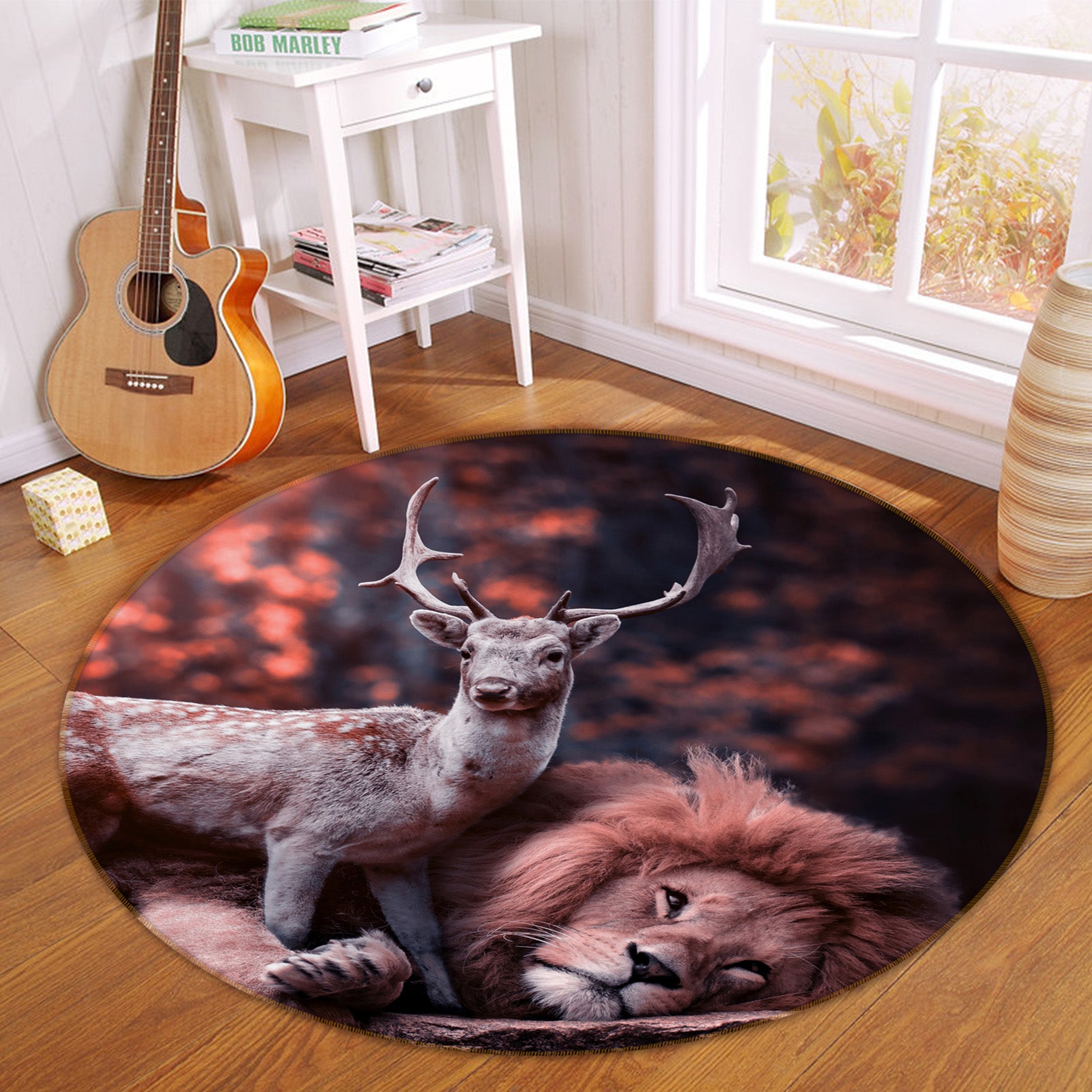 3D Deer Lion 82002 Animal Round Non Slip Rug Mat