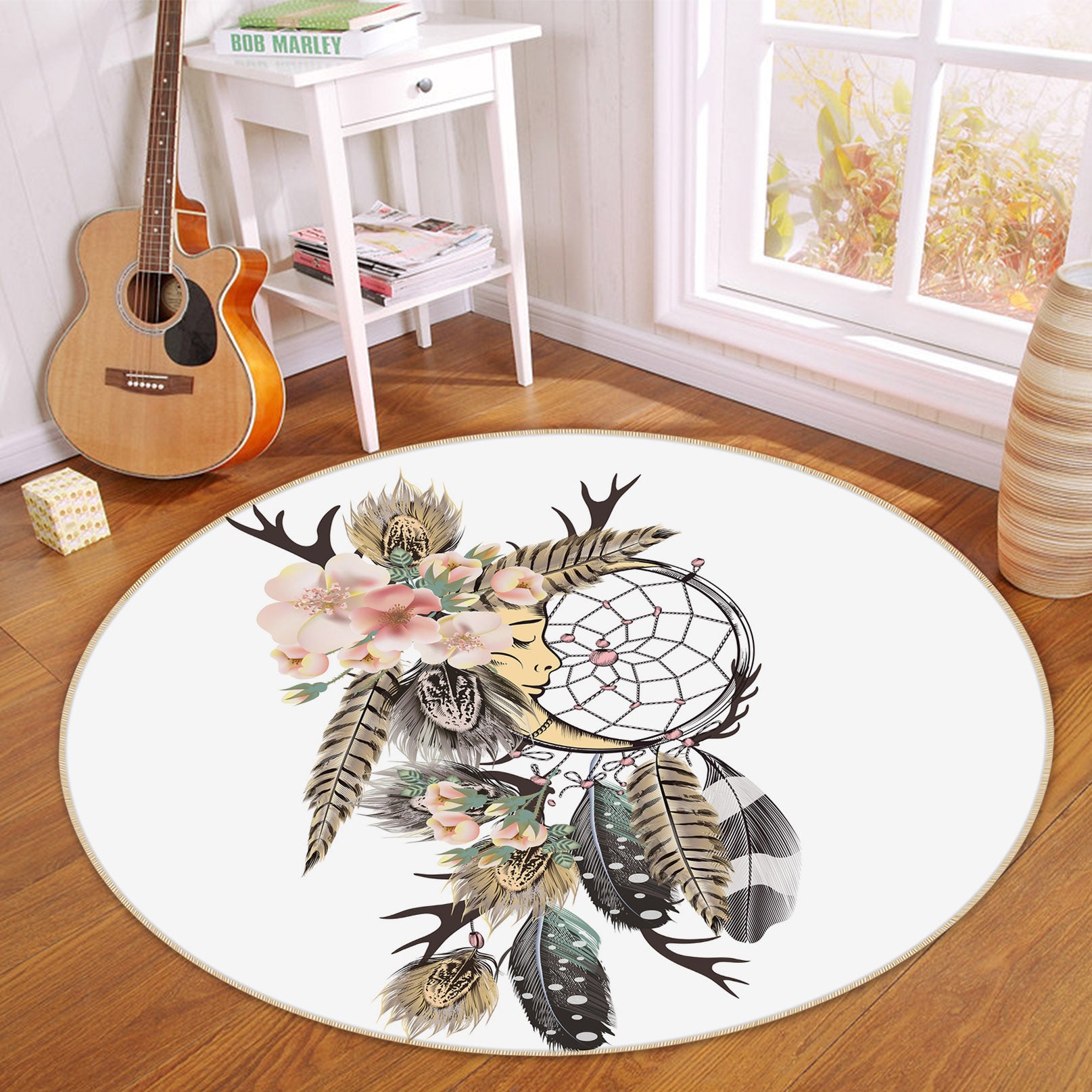 3D Feather Dream Catcher 29047 Round Non Slip Rug Mat