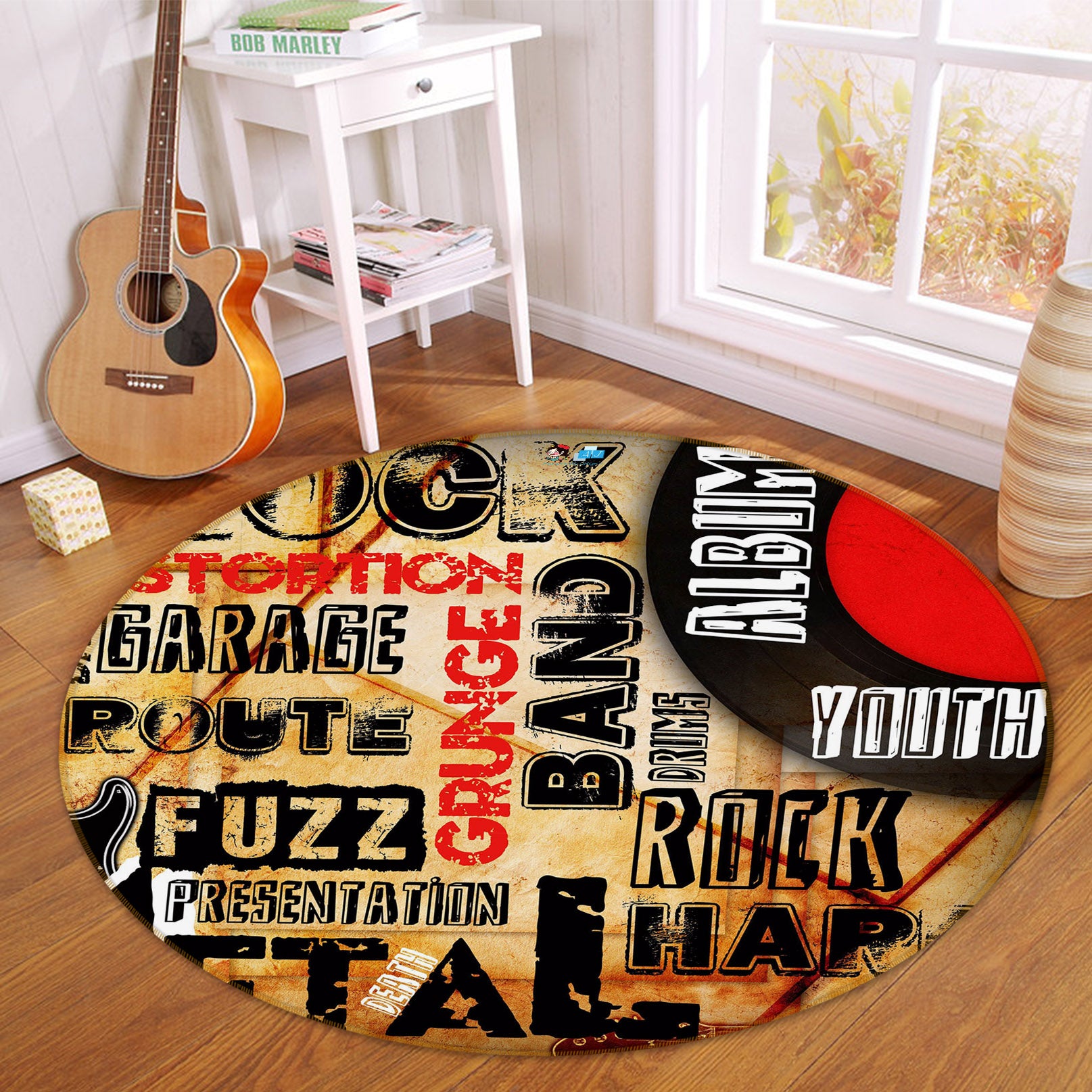 3D Guitar Retro Disc 74022 Round Non Slip Rug Mat
