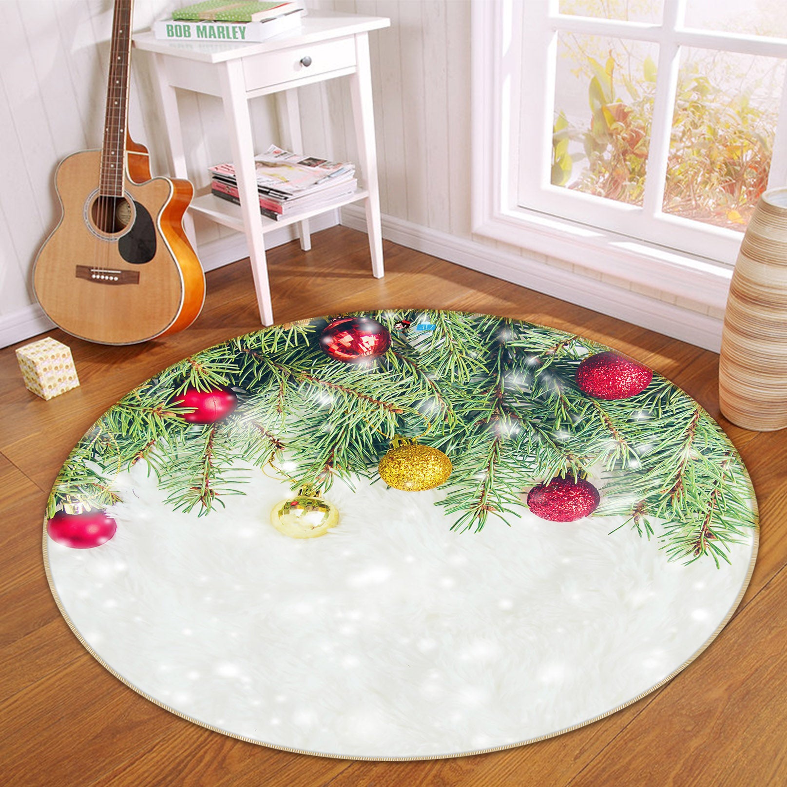 3D Branch Red Yellow Ball 54175 Christmas Round Non Slip Rug Mat Xmas