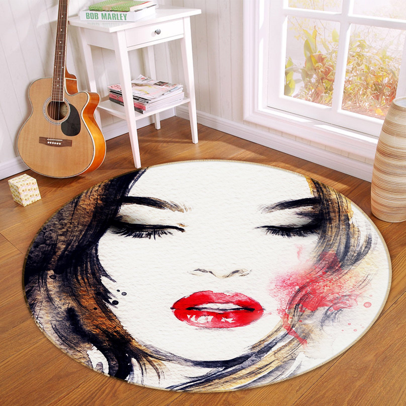 3D Beauty Red Lips 36215 Round Non Slip Rug Mat