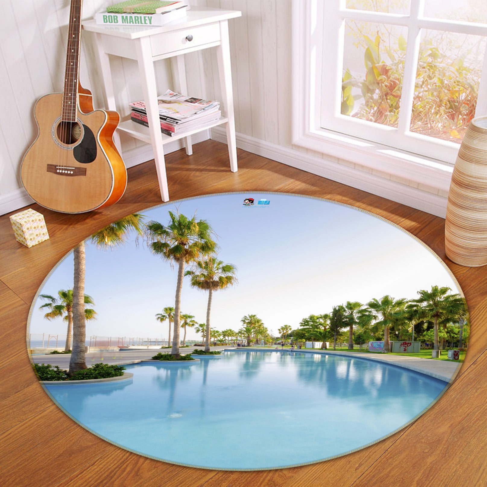 3D Swimming Pool Coconut Tree 74147 Round Non Slip Rug Mat
