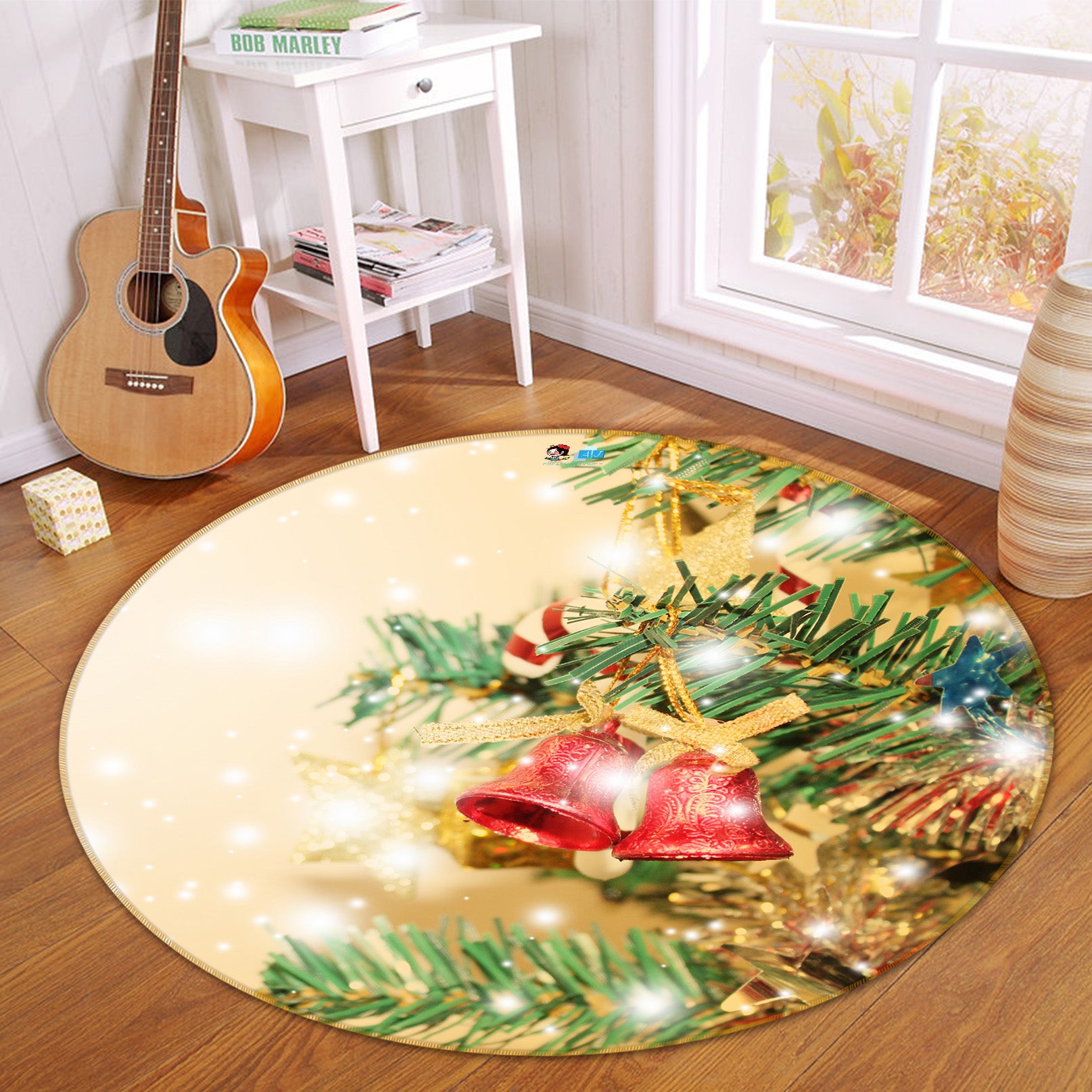 3D Branches Bells 54143 Christmas Round Non Slip Rug Mat Xmas