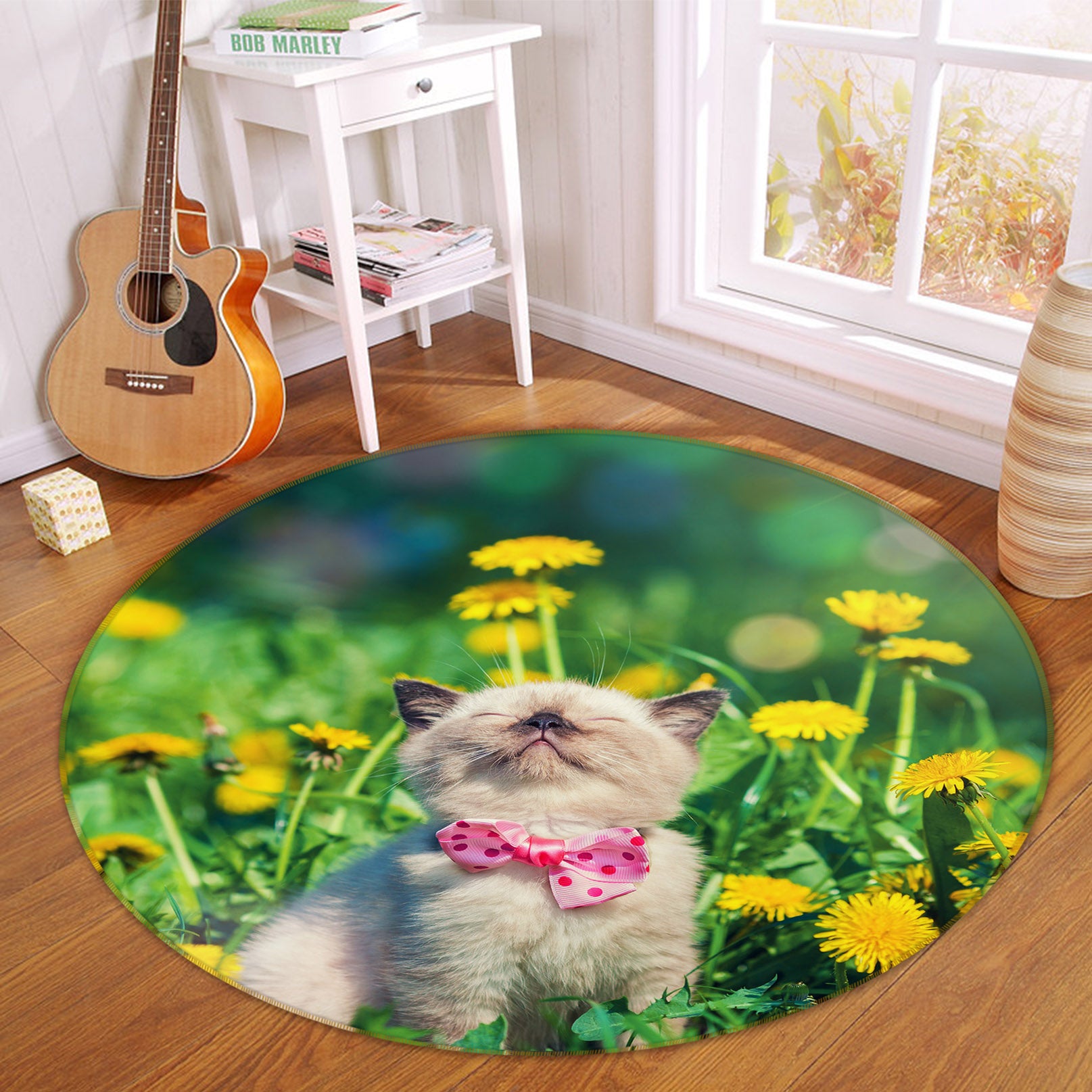 3D Flower Kitten 29111 Round Non Slip Rug Mat