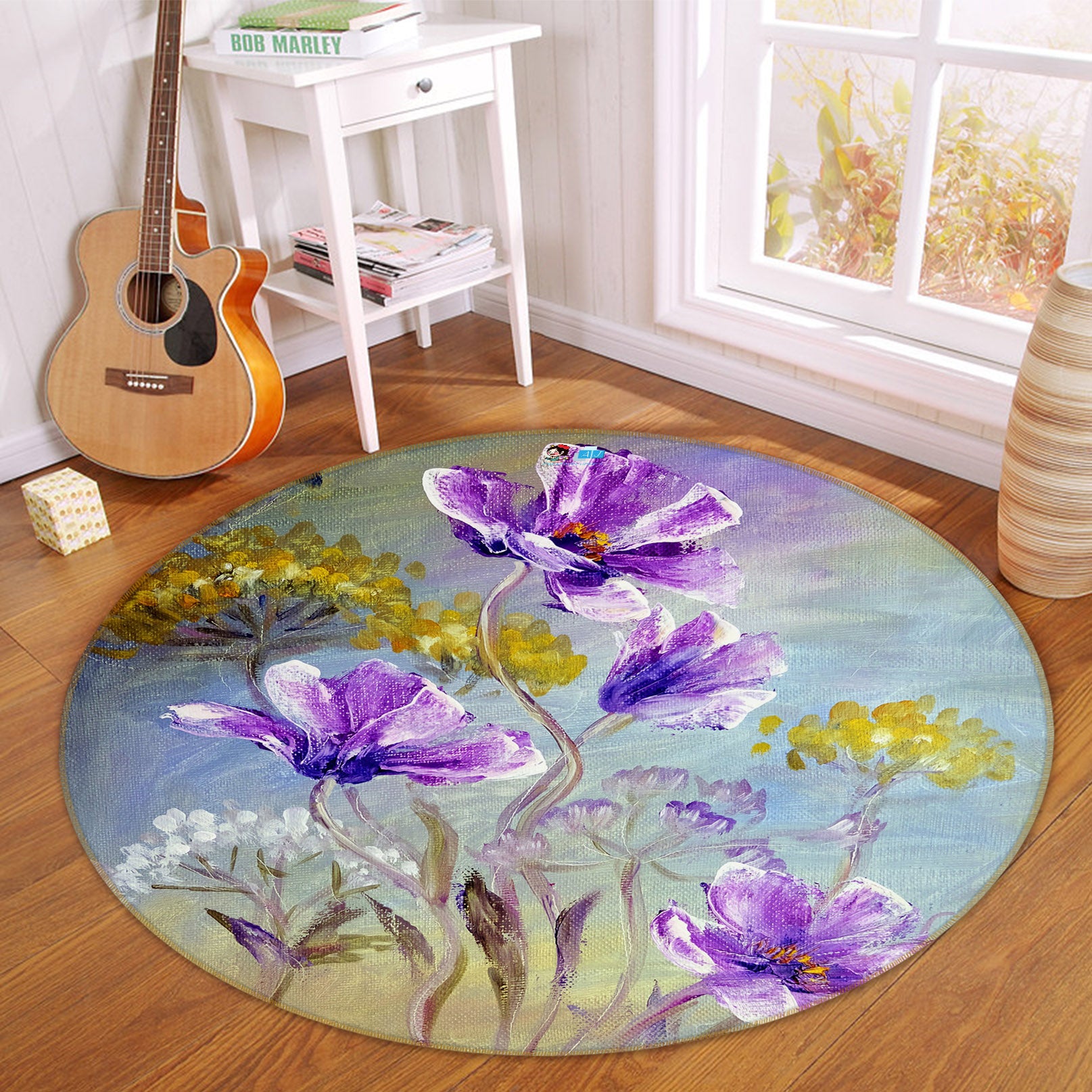 3D Purple Flowers 69091 Round Non Slip Rug Mat