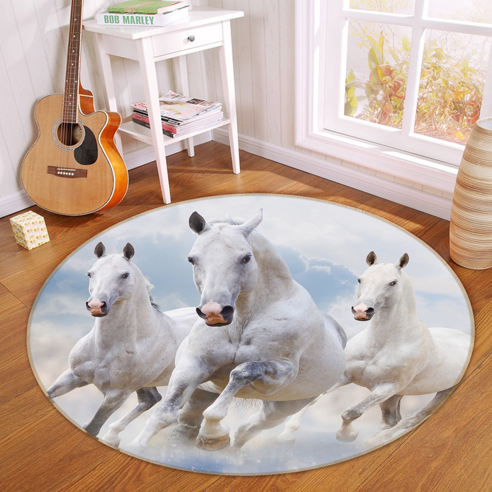 3D Three White Horses 37182 Animal Round Non Slip Rug Mat