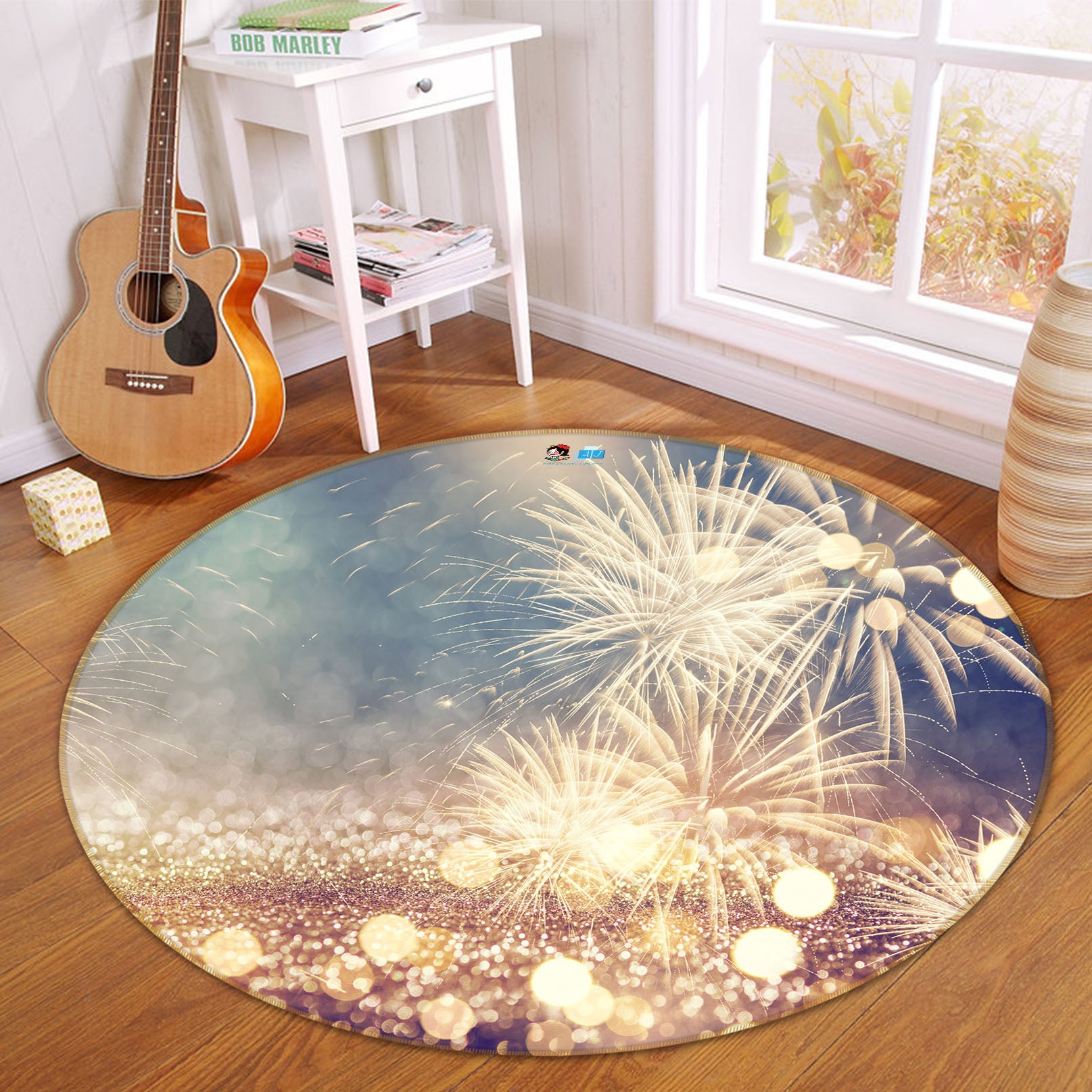 3D Fireworks 54161 Christmas Round Non Slip Rug Mat Xmas