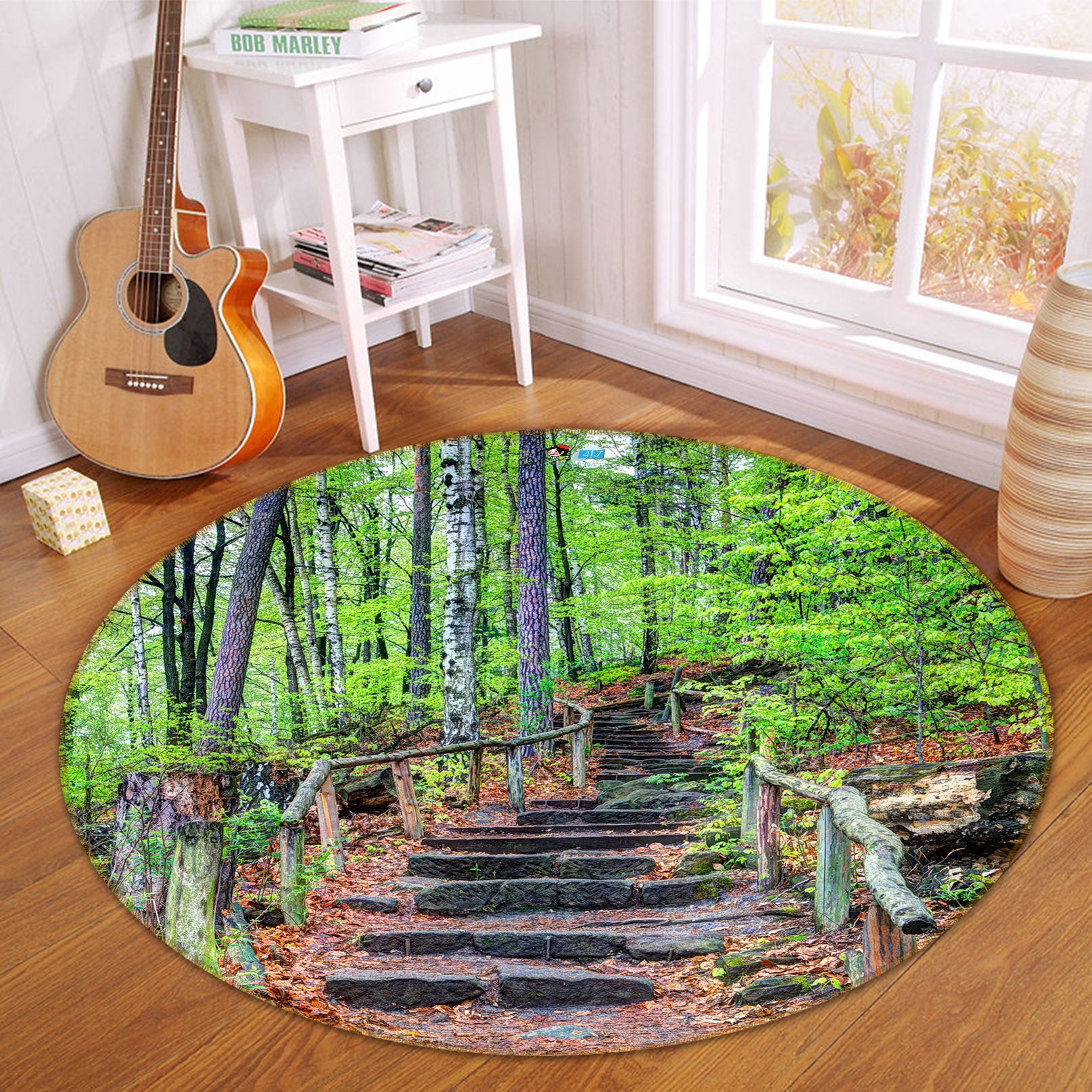 3D Wood Stairs 72085 Round Non Slip Rug Mat