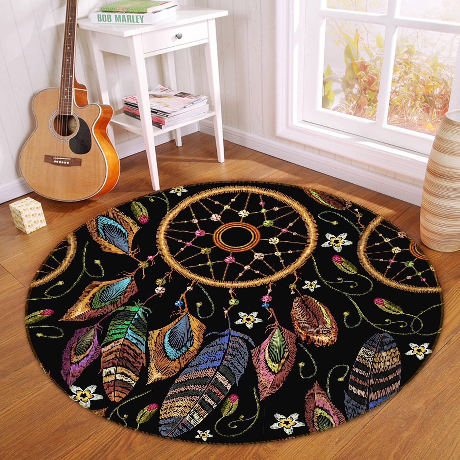 3D Dream Catcher Black 29019 Round Non Slip Rug Mat