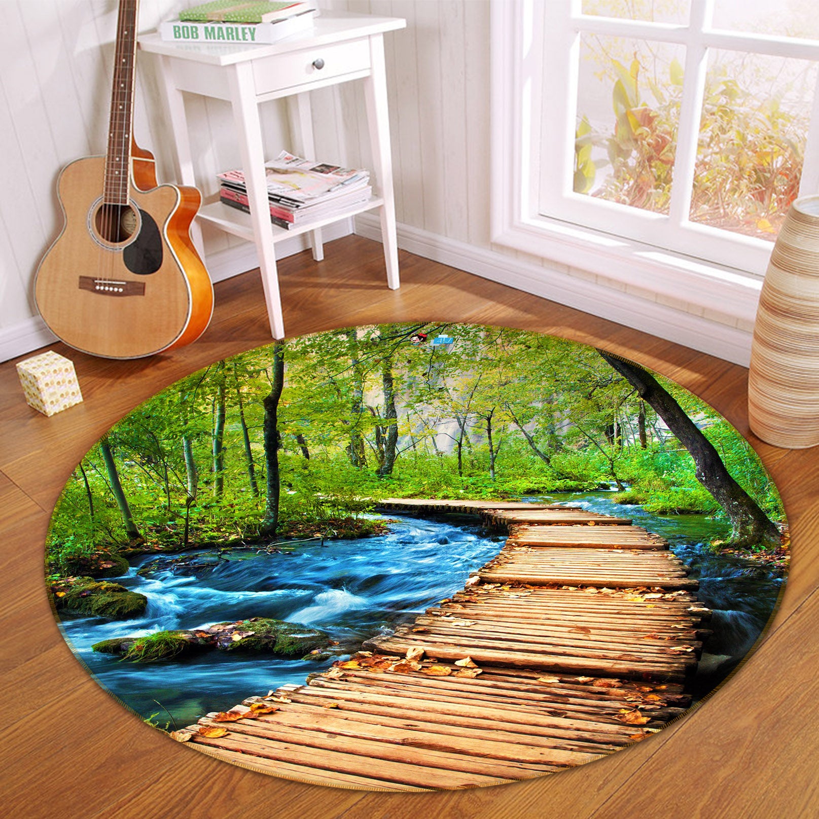 3D Wood Bridge 74128 Round Non Slip Rug Mat
