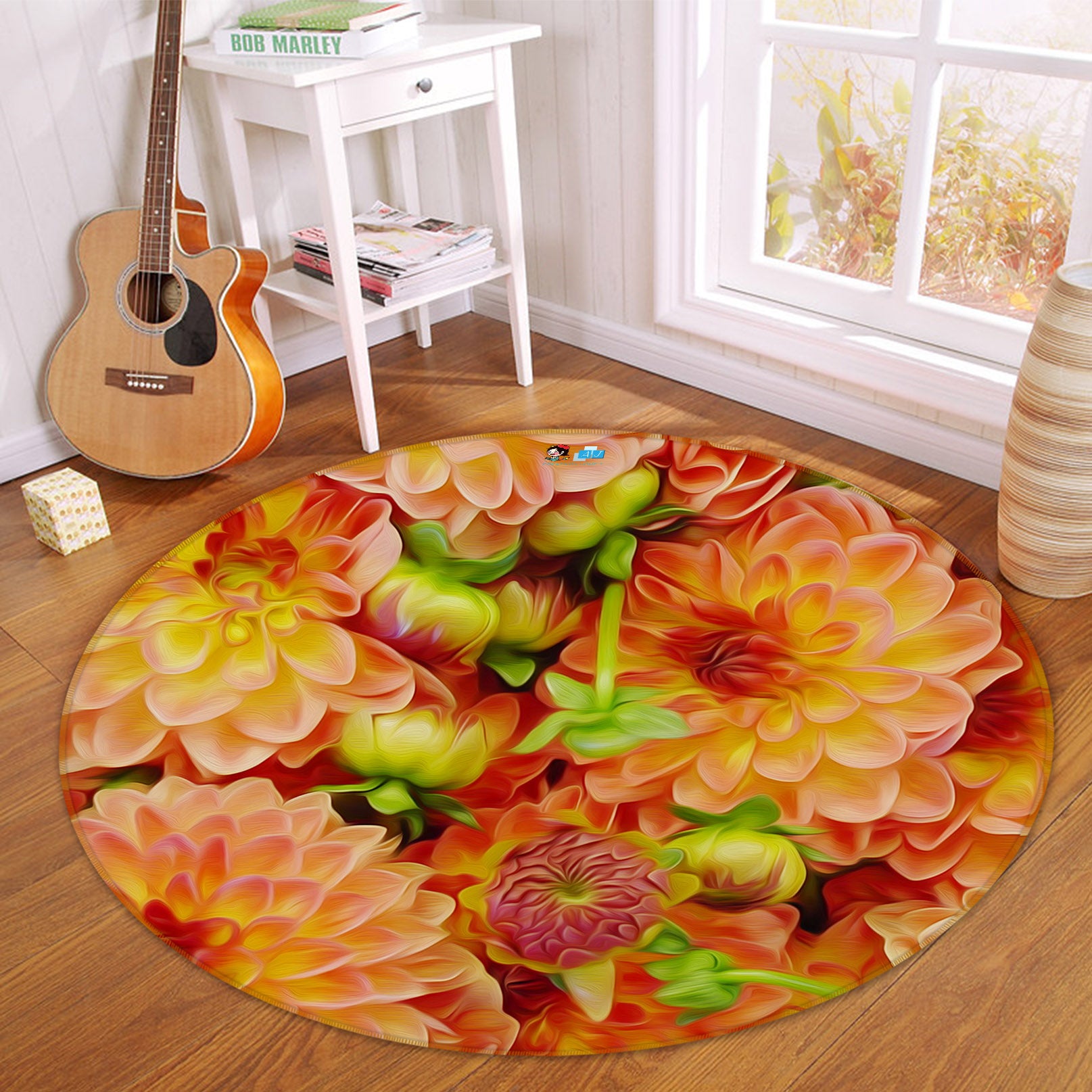 3D Orange Flowers 74038 Round Non Slip Rug Mat