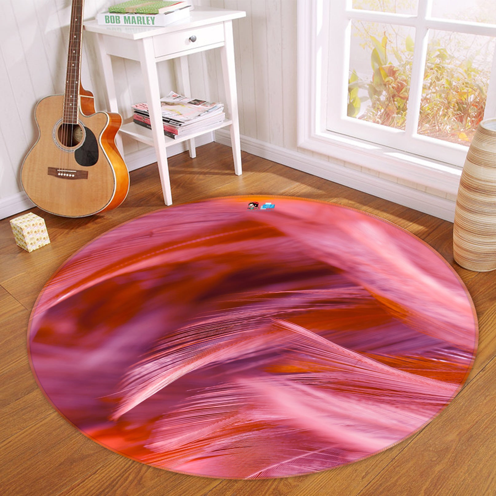 3D Red Feather 81218 Round Non Slip Rug Mat