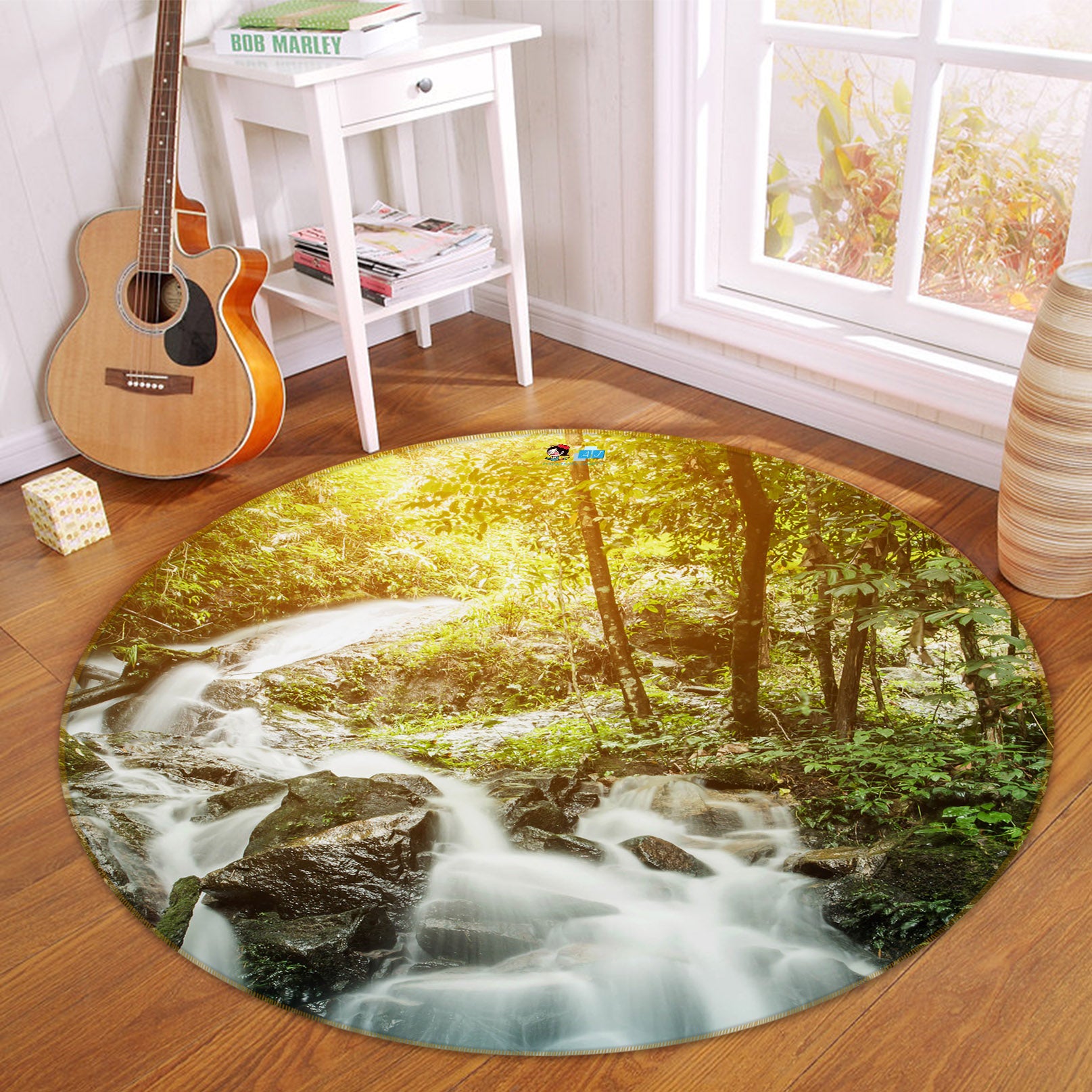 3D Jungle Running Water 69094 Round Non Slip Rug Mat