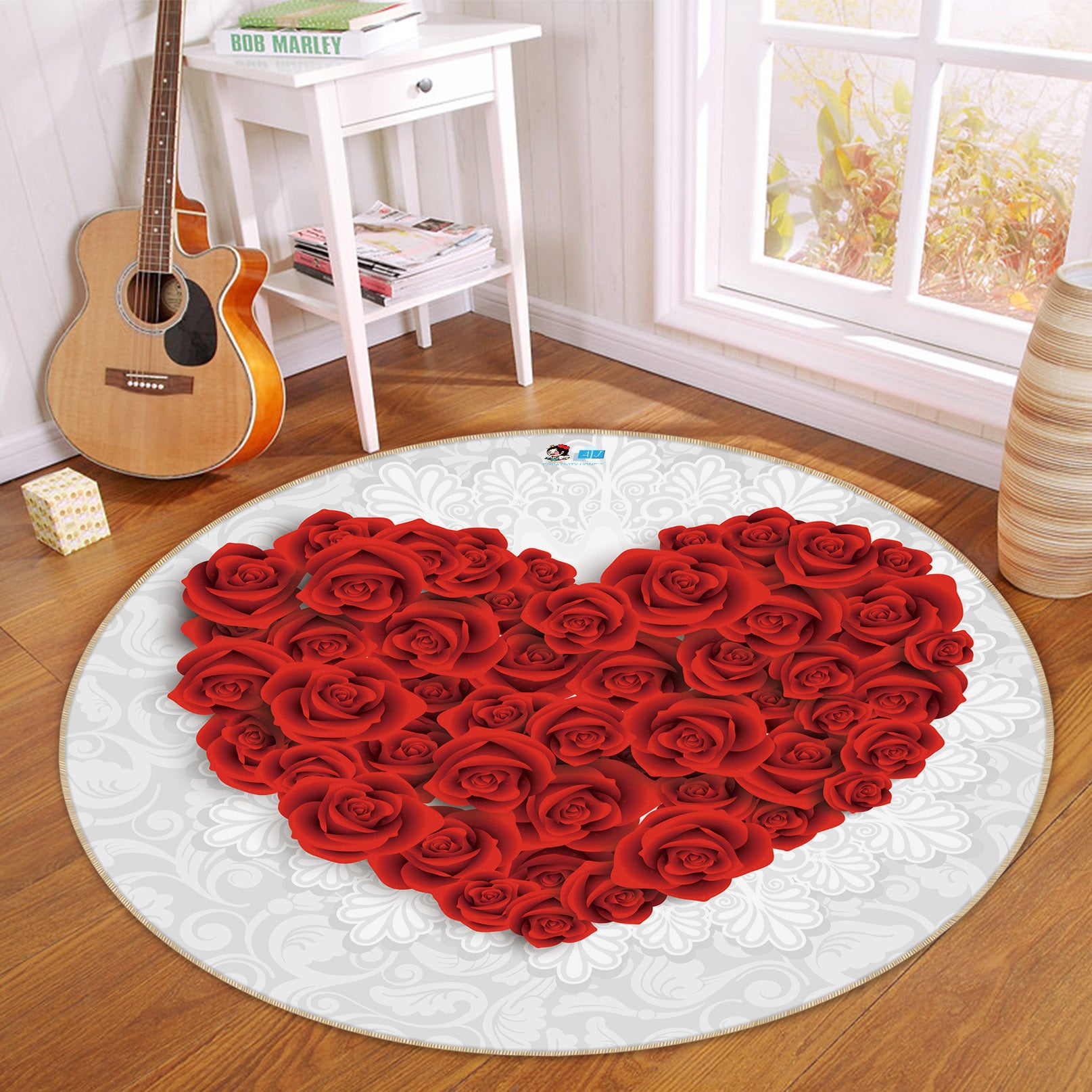 3D Heart Rose Flower 74048 Round Non Slip Rug Mat
