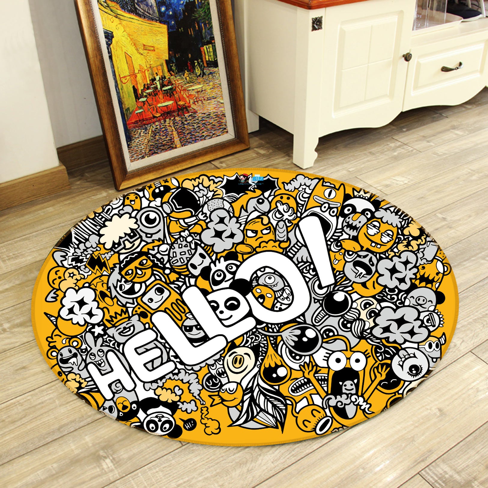 3D Cartoon Yellow Hello 81209 Round Non Slip Rug Mat
