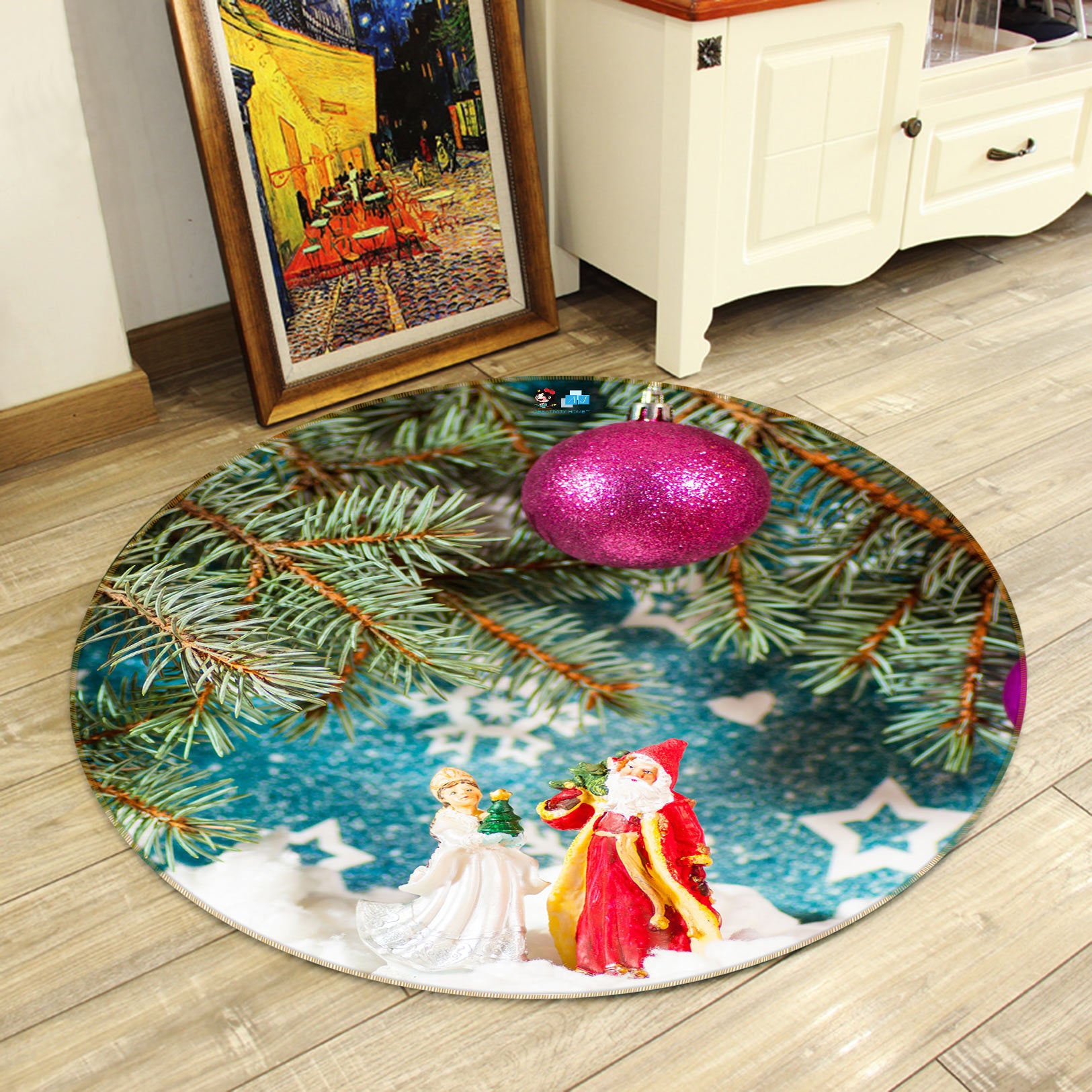 3D Santa Claus Ornaments 54061 Christmas Round Non Slip Rug Mat Xmas