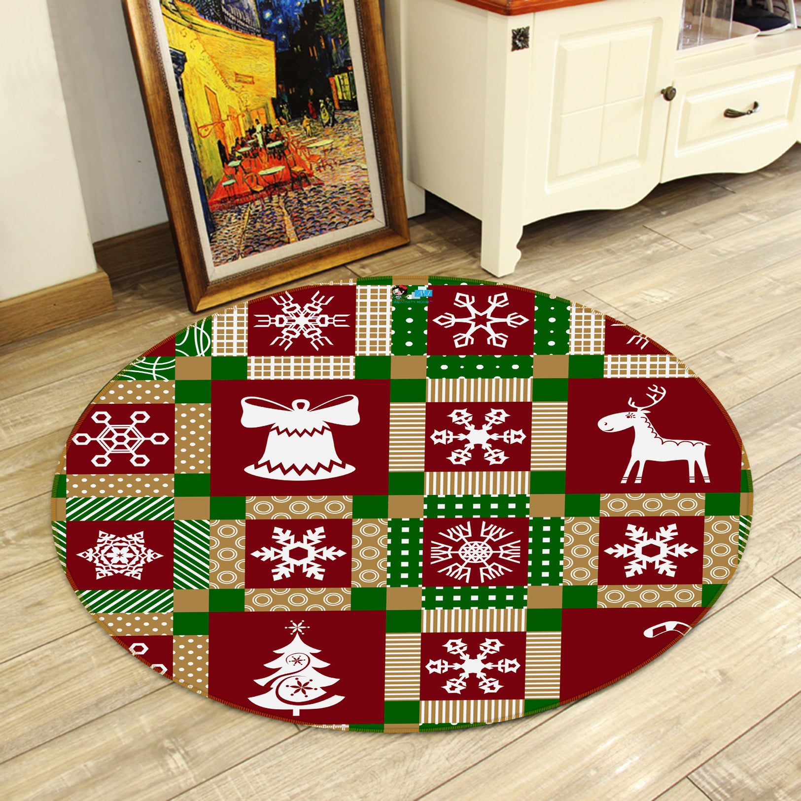 3D Snowflake Red Square 54092 Christmas Round Non Slip Rug Mat Xmas