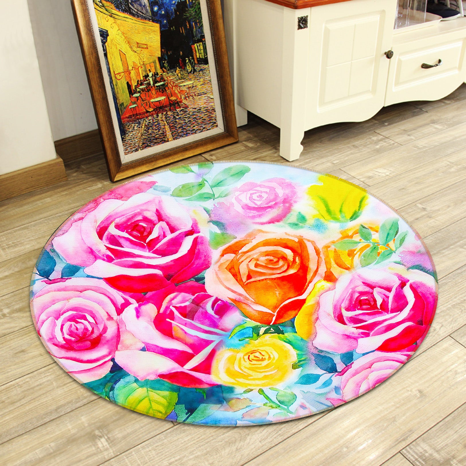 3D Pink Yellow Flowers 71222 Round Non Slip Rug Mat