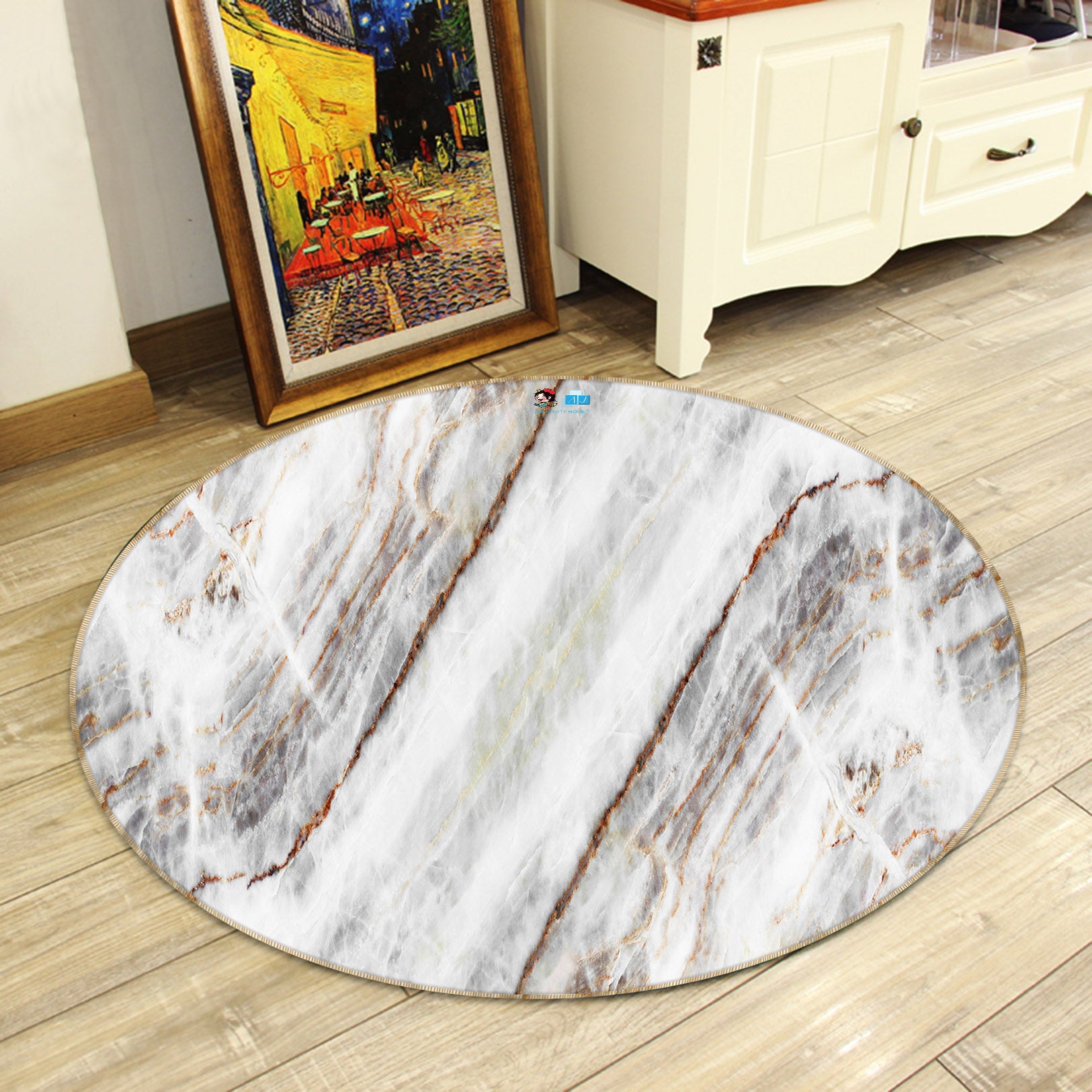 3D White Marbling 69225 Round Non Slip Rug Mat
