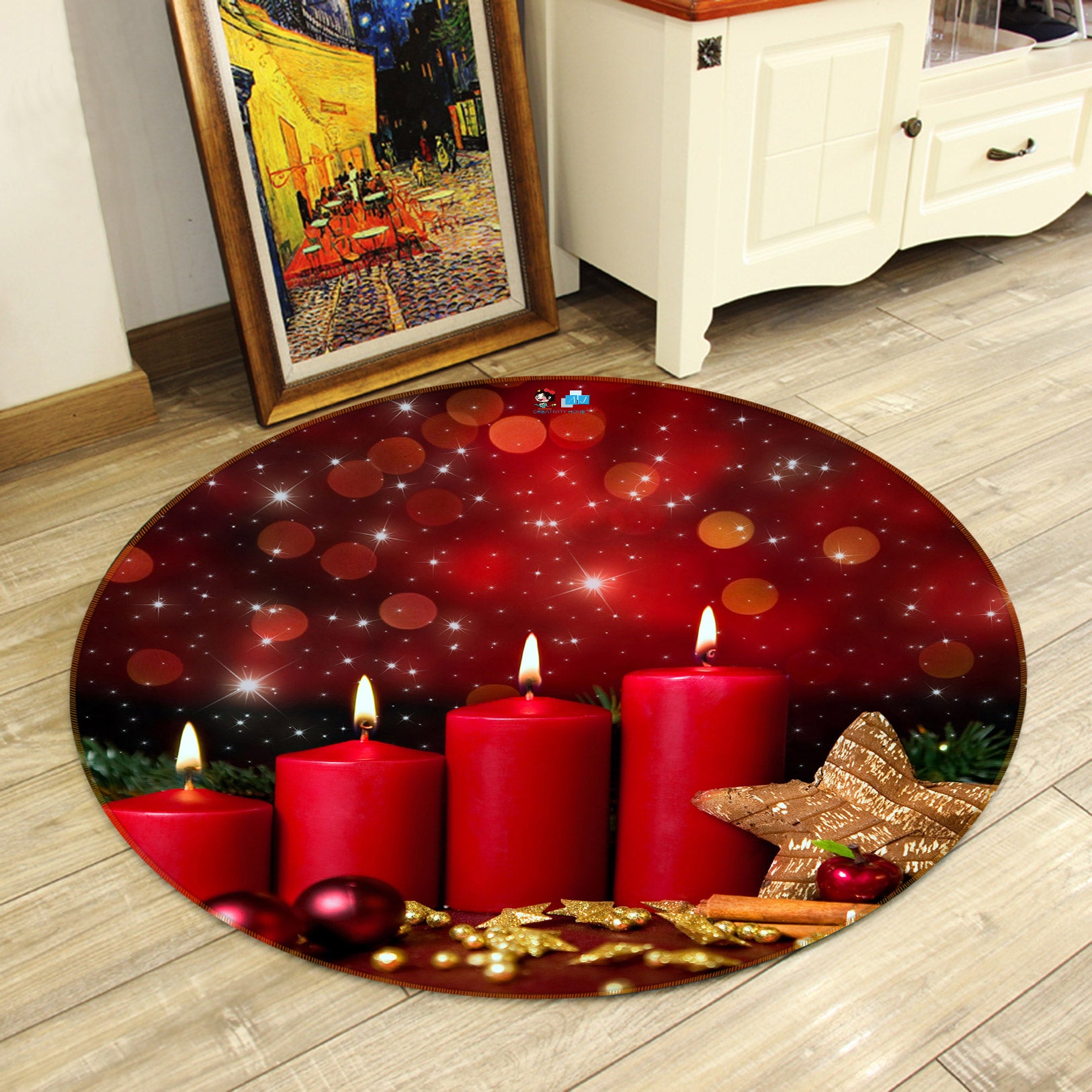 3D Red Candle 54008 Christmas Round Non Slip Rug Mat Xmas
