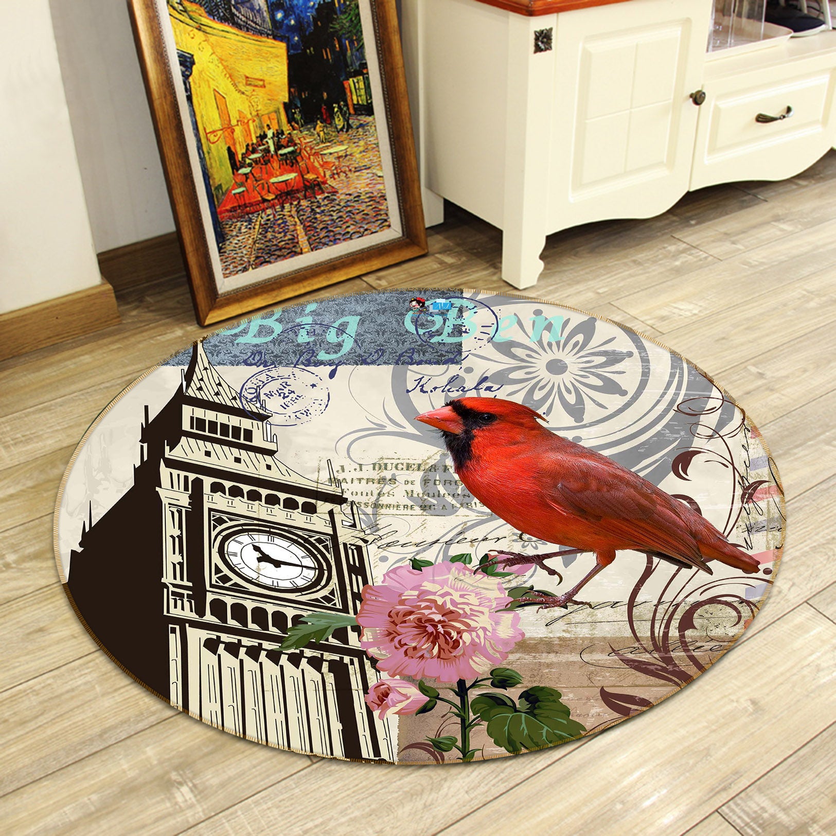 3D Clock Bird Flower 66209 Round Non Slip Rug Mat