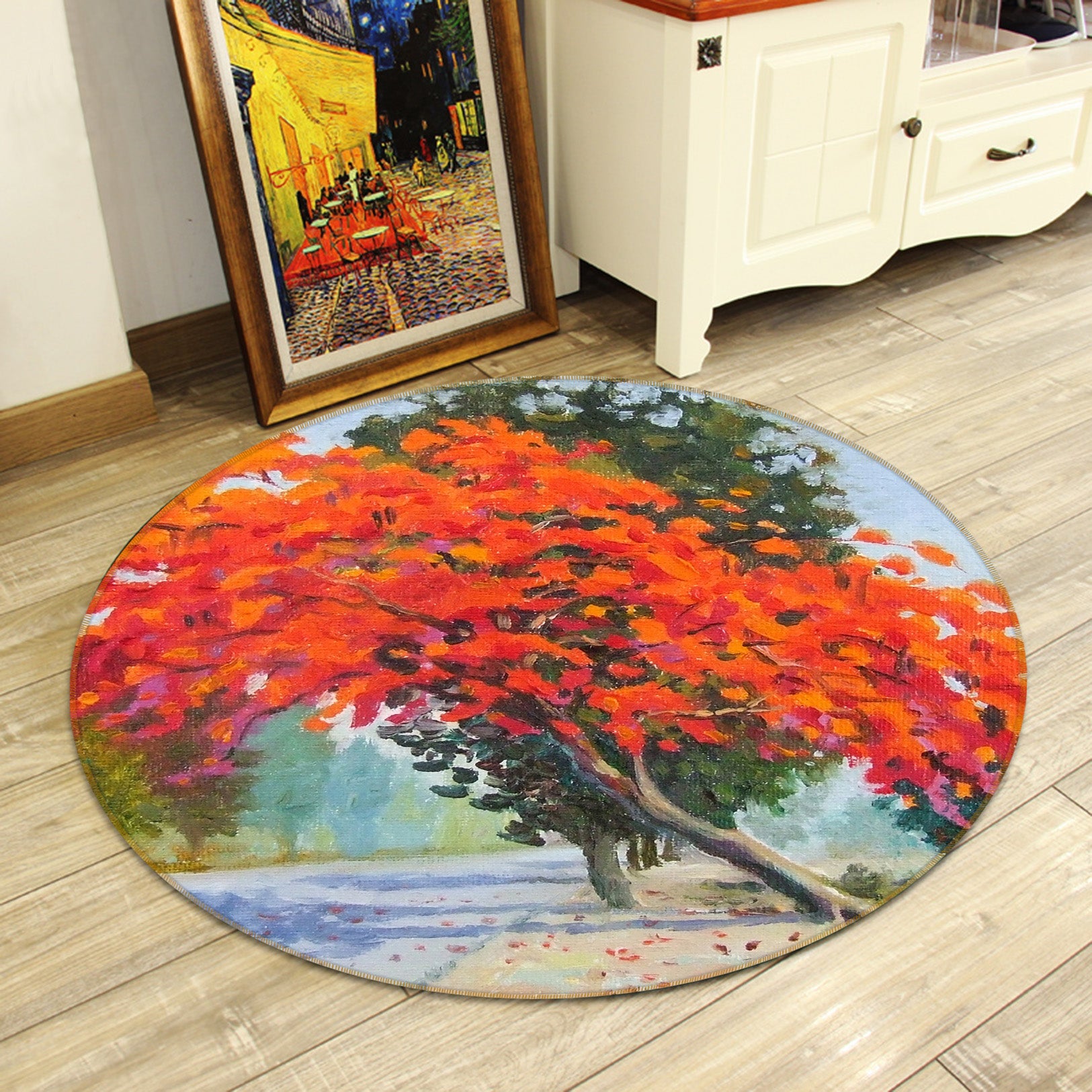 3D Red Leaf Tree 71228 Round Non Slip Rug Mat