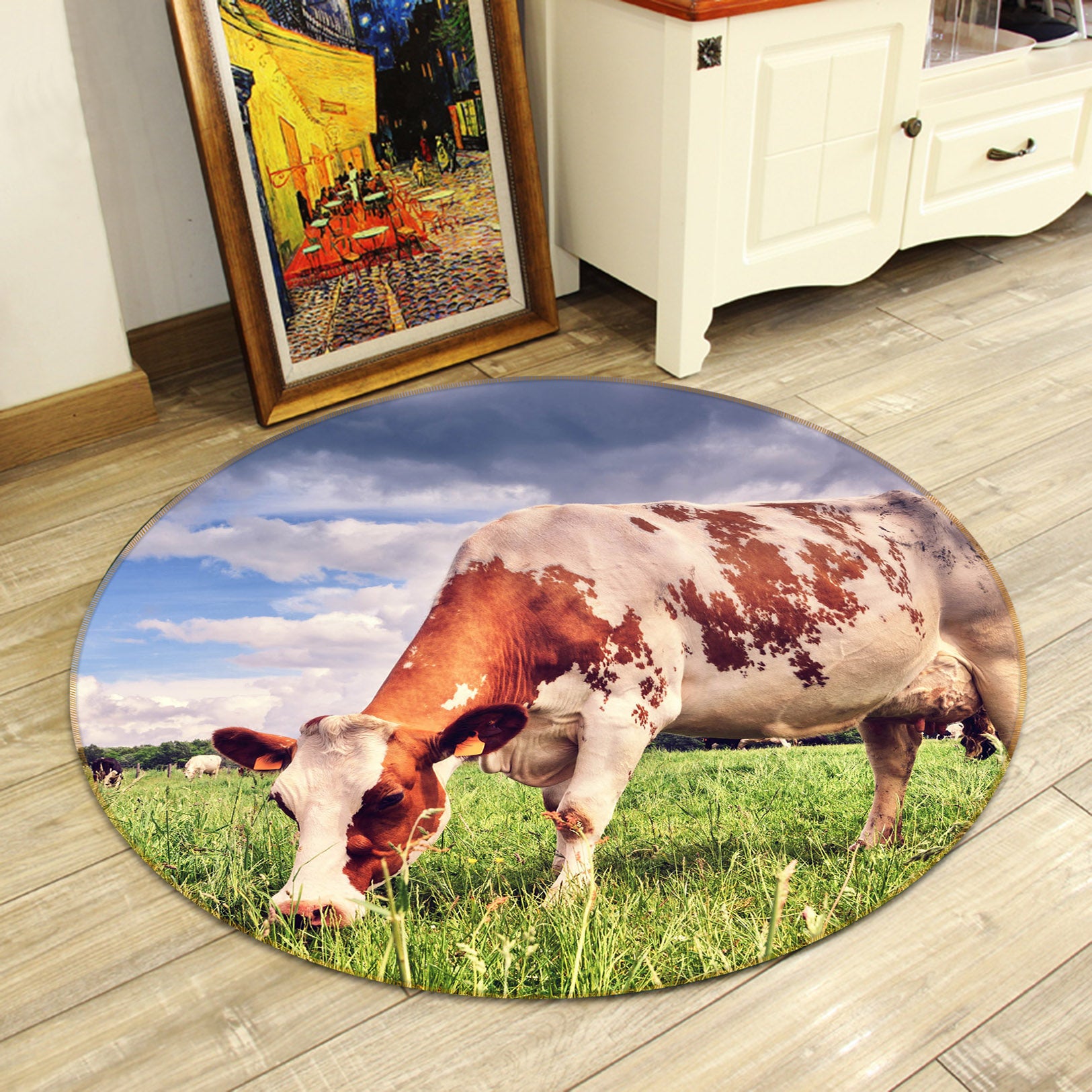 3D Cow Eating Grass 38025 Animal Round Non Slip Rug Mat