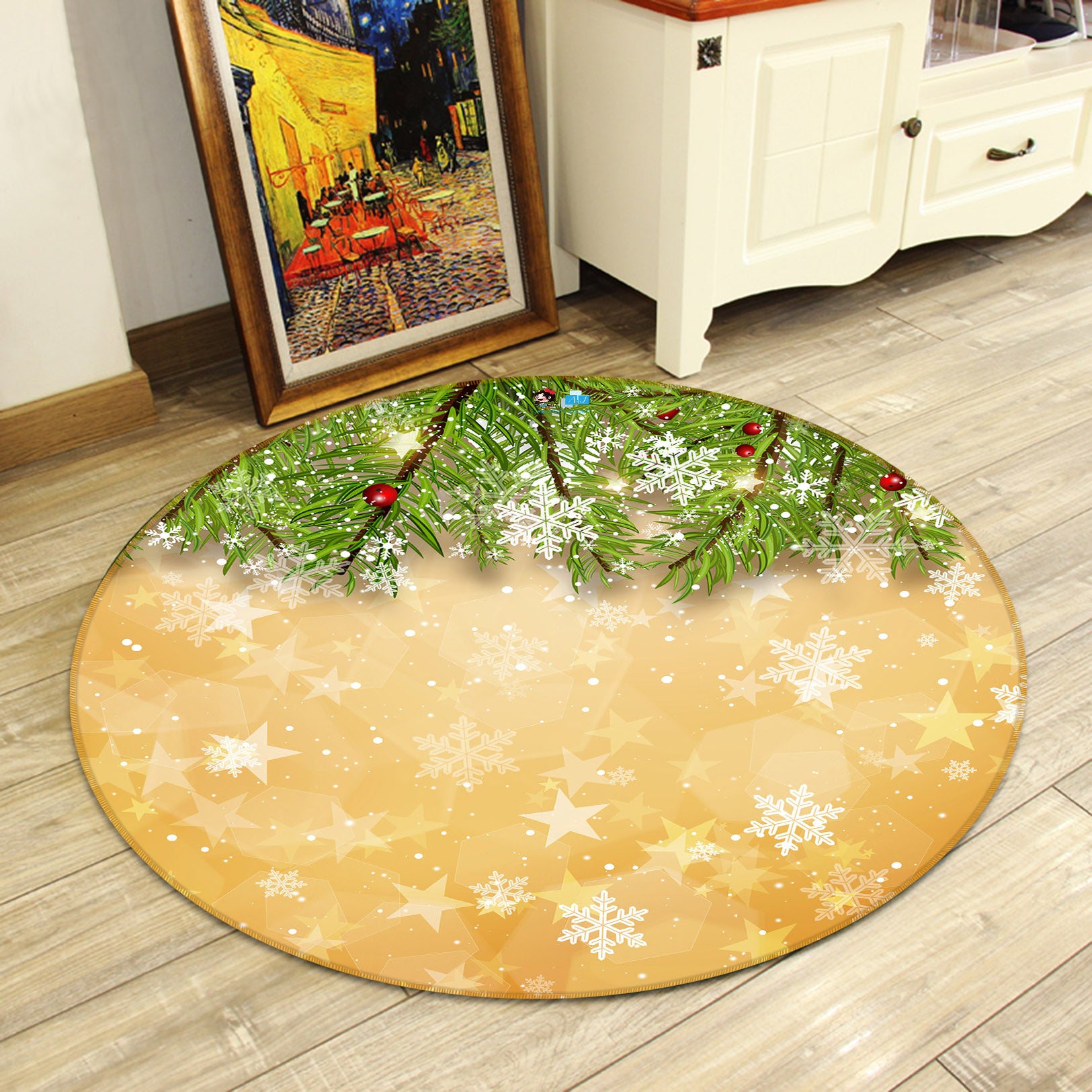 3D Branch Snowflake 54112 Christmas Round Non Slip Rug Mat Xmas