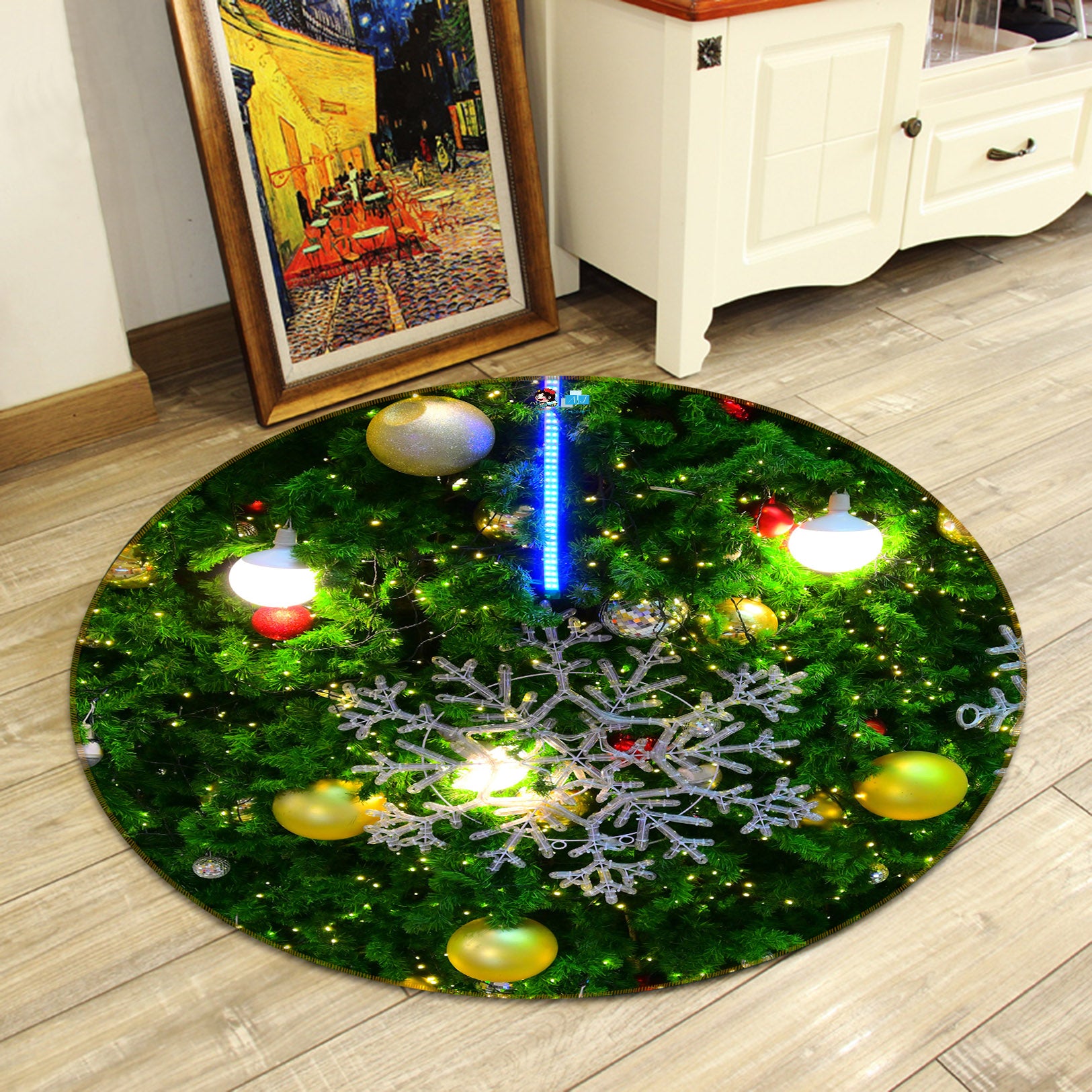 3D Tree Ball Pendant 54198 Christmas Round Non Slip Rug Mat Xmas