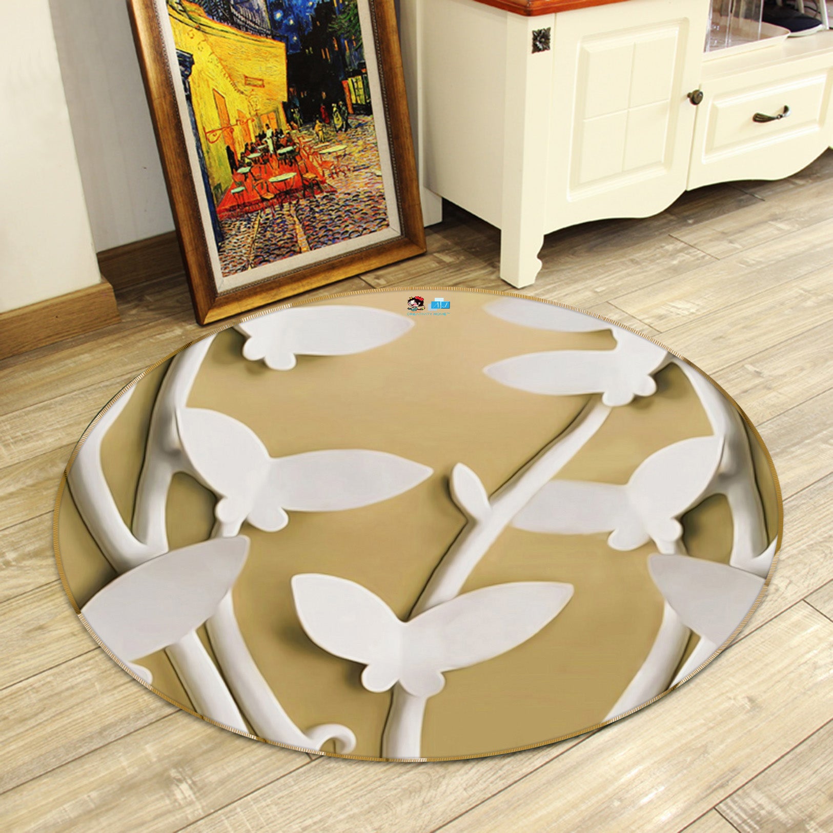 3D Embossed Butterfly 74020 Round Non Slip Rug Mat