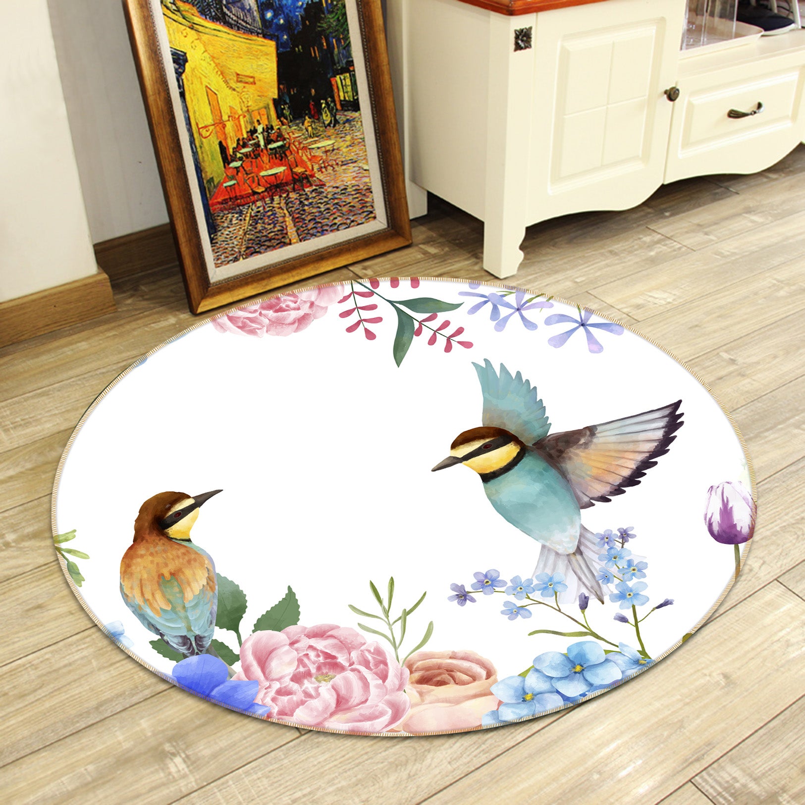 3D Flowers Bird 71221 Round Non Slip Rug Mat
