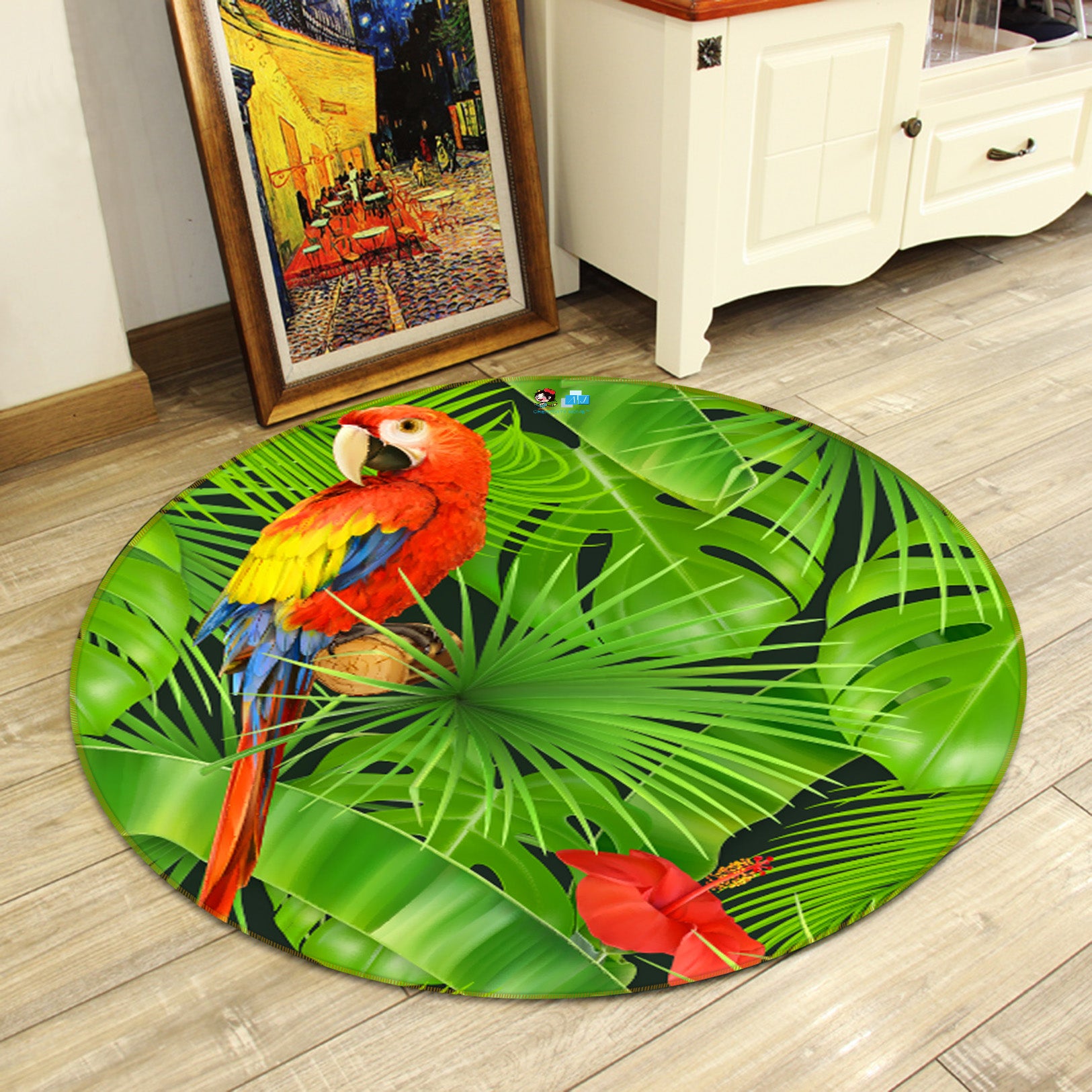 3D Leaves Parrot 71249 Round Non Slip Rug Mat