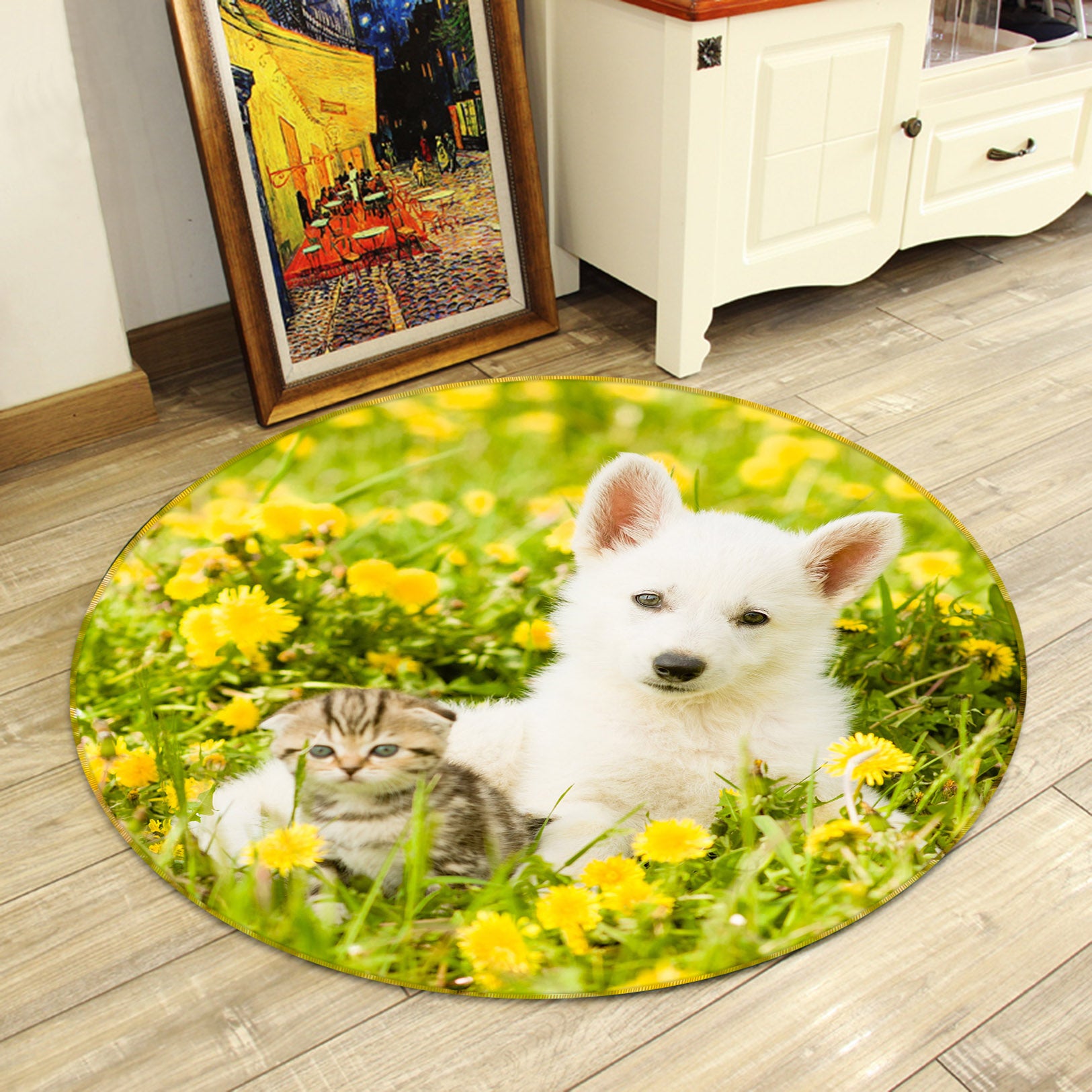 3D White Dog Kitten 29079 Round Non Slip Rug Mat