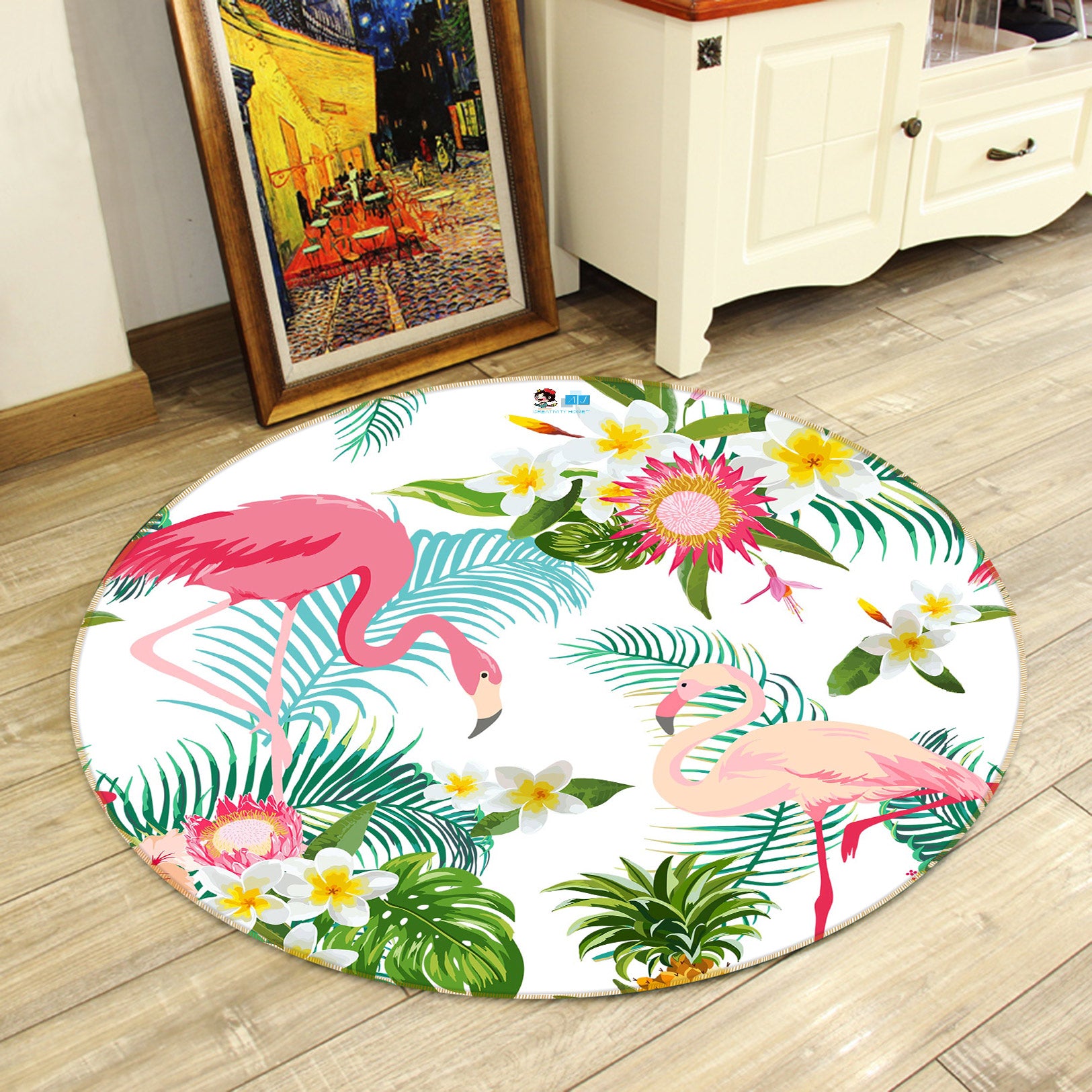 3D Flamingo Leaves 72233 Round Non Slip Rug Mat