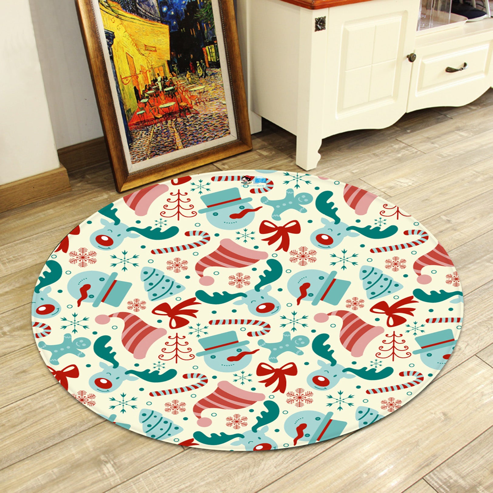 3D Hat Snowman Deer Bow 65226 Christmas Round Non Slip Rug Mat Xmas